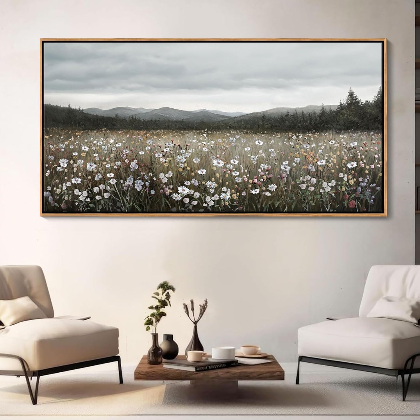 HGUAOA Vintage Framed Floral Landscape Wall Art for Living Room - Large Nature Artwork Above Bed Wall Decor - Farmhouse Mountain Pictures for Bedroom Wall Decor 20×40IN