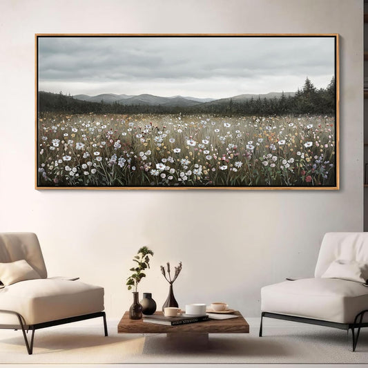 HGUAOA Vintage Landscape Wall Art for Bedroom and Living Room - Large Floral Artworks Farmhouse Wall Decor - Framed Neutral Nature Pictures - Above Bed Wall Decor with Mountain Scenery 29×58IN