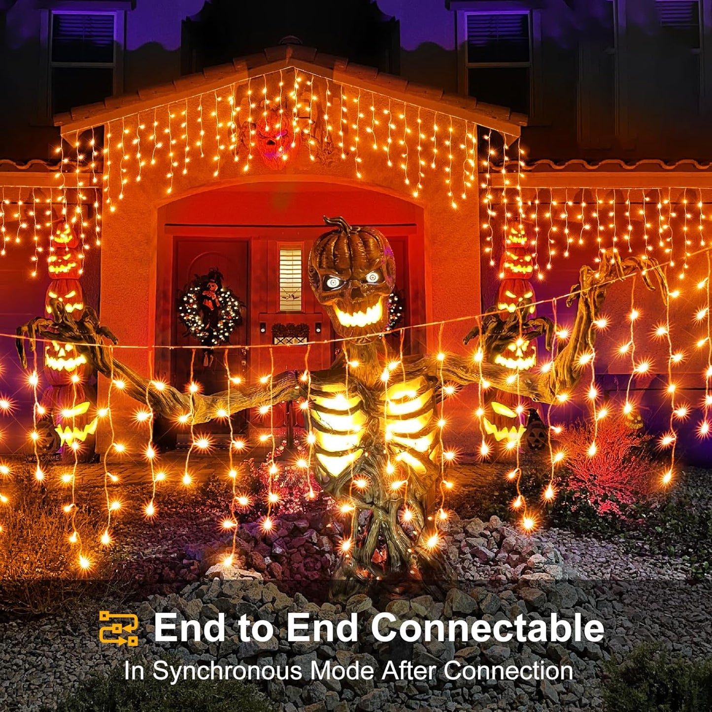 33 FT 400LED Halloween Lights, Orange Icicle Lights for Outside, Clear Wire Twinkle String Light with Timer 8 Modes Waterproof for Window House Patio Yard Wedding Classroom Festival Decor