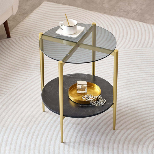 Round Glass End Table, Mid-Century Modern Design Sofa Table for Living Room, D18 x H23 in, 2-Tier Structure, Grey Glass Top and Black Marble Shelf, Sleek Conical Legs with Gold Finish Frame