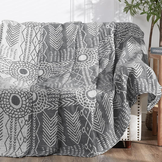 jinchan Boho 100% Cotton Muslin Blanket 3-Layer Queen Size 80x90 Inches Geometric Grey Lightweight Reversible Soft Cozy Comfy Throw for Couch Sofa Bed Large Coverlet Quilt Blanket Bedroom All Seasons