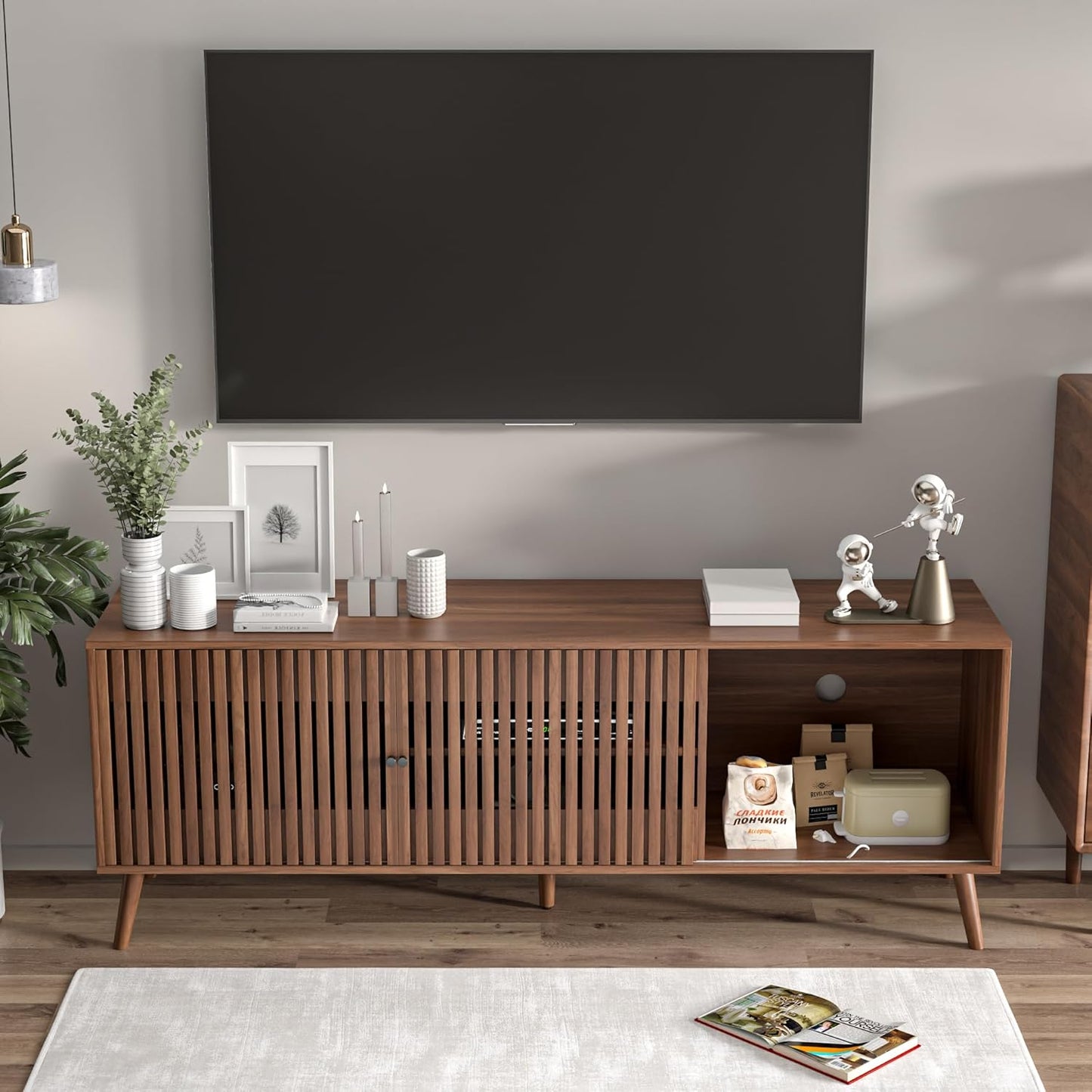 Mid Century Modern TV Stand for Televisions up to 70 Inches, with Sliding Doors and Storage, Television Stands, TV Consoles, Media Consoles for Living Room, 63 Inch (Walnut)