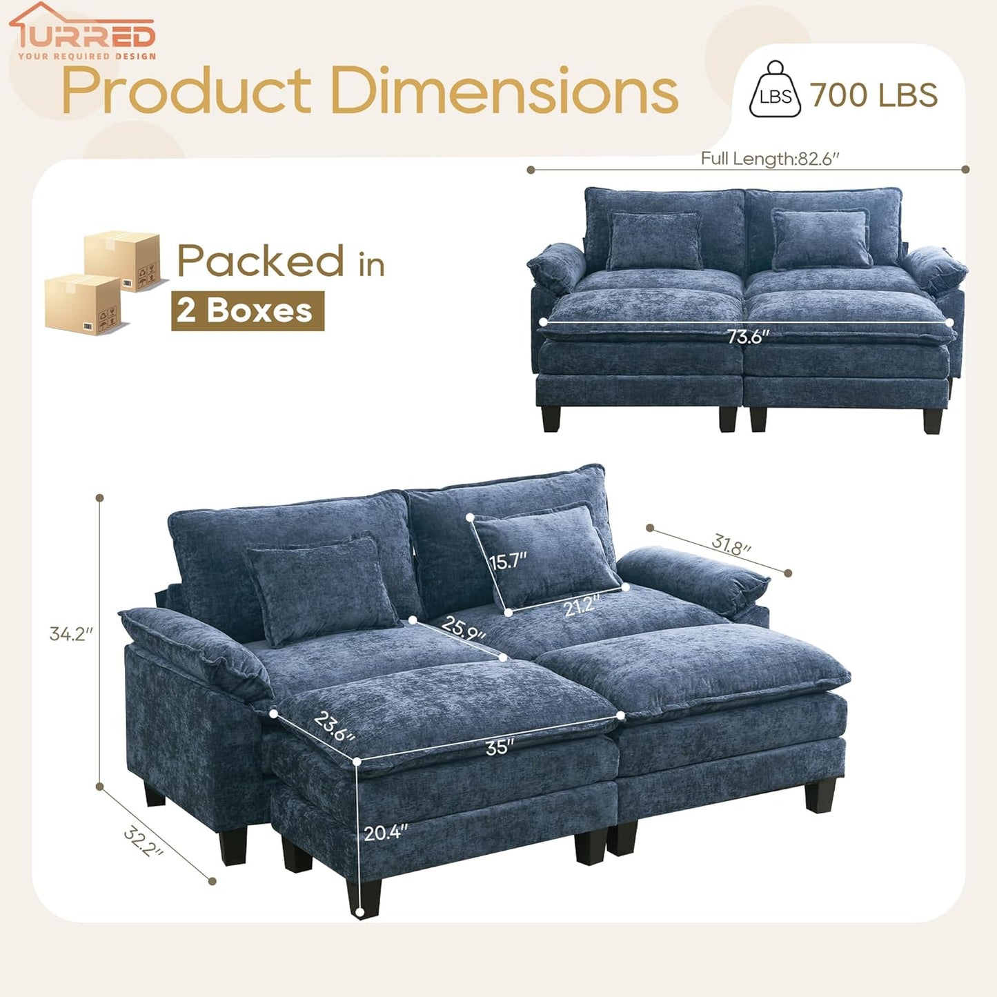 URRED Modular Sectional Sofa Comfy Cloud Couch, Modern Chenille Sofa Sleeper Deep Seat Couches with Ottoman/Pillows for Living Room (Blue, 82.6''- 2 Ottomans)
