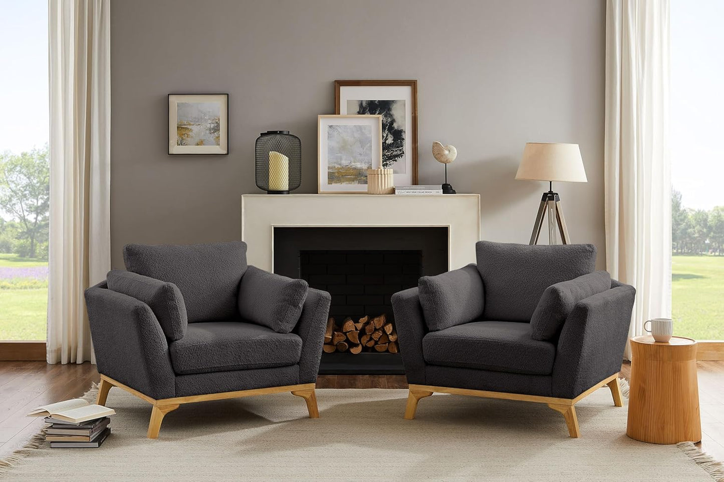 Large-Sized Accent Chair, Thick Cushion Bedroom Reading Chair, Comfortable Living Room Single Sofa， Boucle Dark Gray