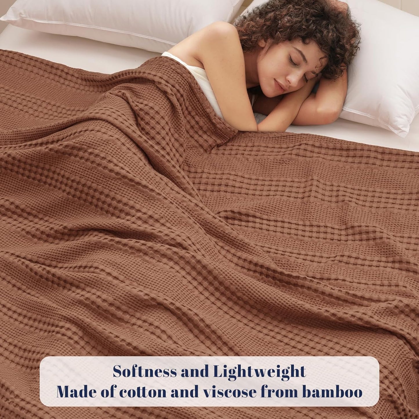 PHF Cooling Waffle Blanket Queen Size,Lightweight 60% Rayon Derived from Bamboo & 40% Cotton Breathable Blanket for Hot Sleepers, Soft and Luxury for Bed Couch and Sofa, 90"x90", Burnt Umber