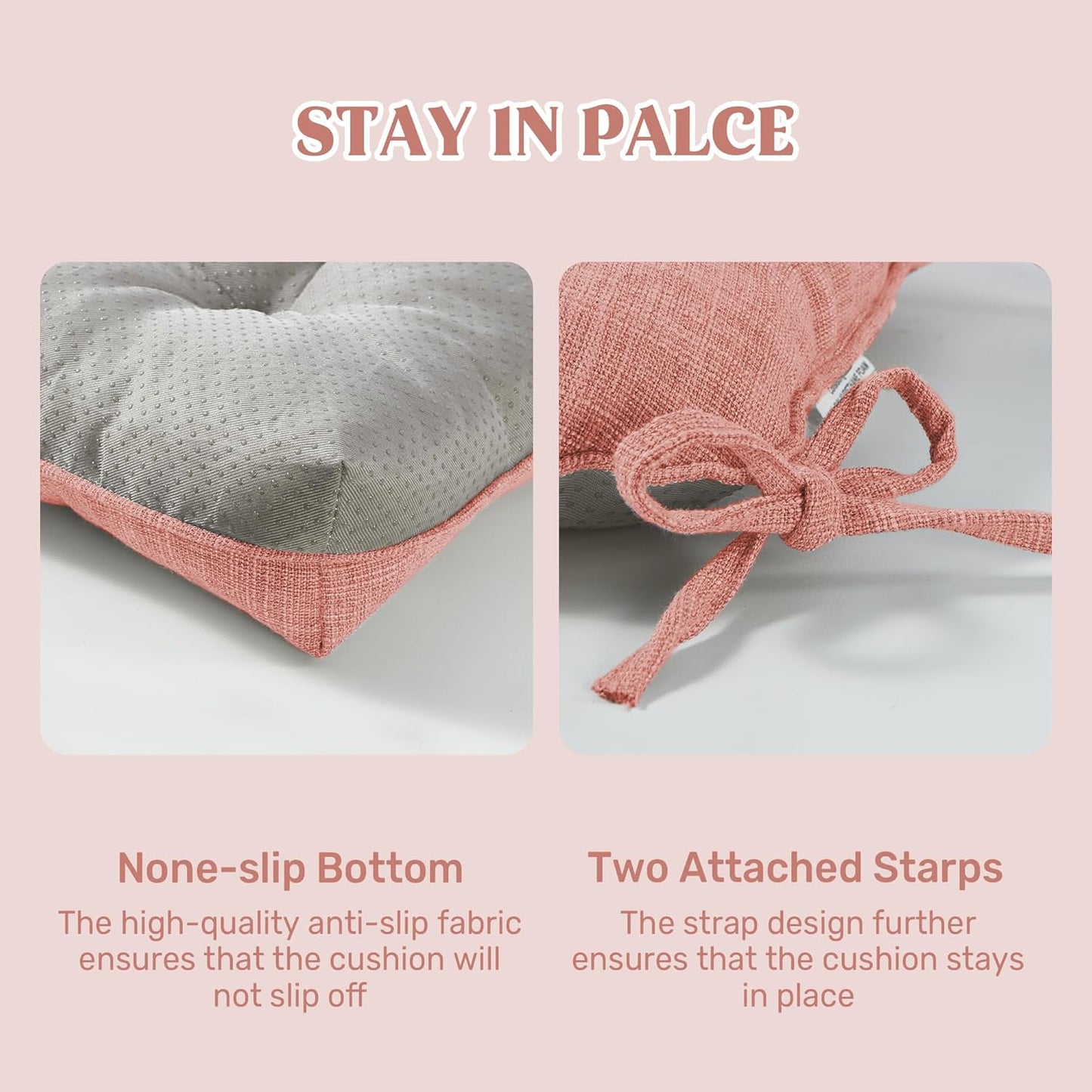 puredown® Chair Cushions for Dining Chairs, Tufted Memory Foam Chair Pads with Non-Slip Backing, Kitchen Seat Cushions with Ties, Washable Seat Pads Set of 4, 15.5" x 15.5" x 4", Pinky