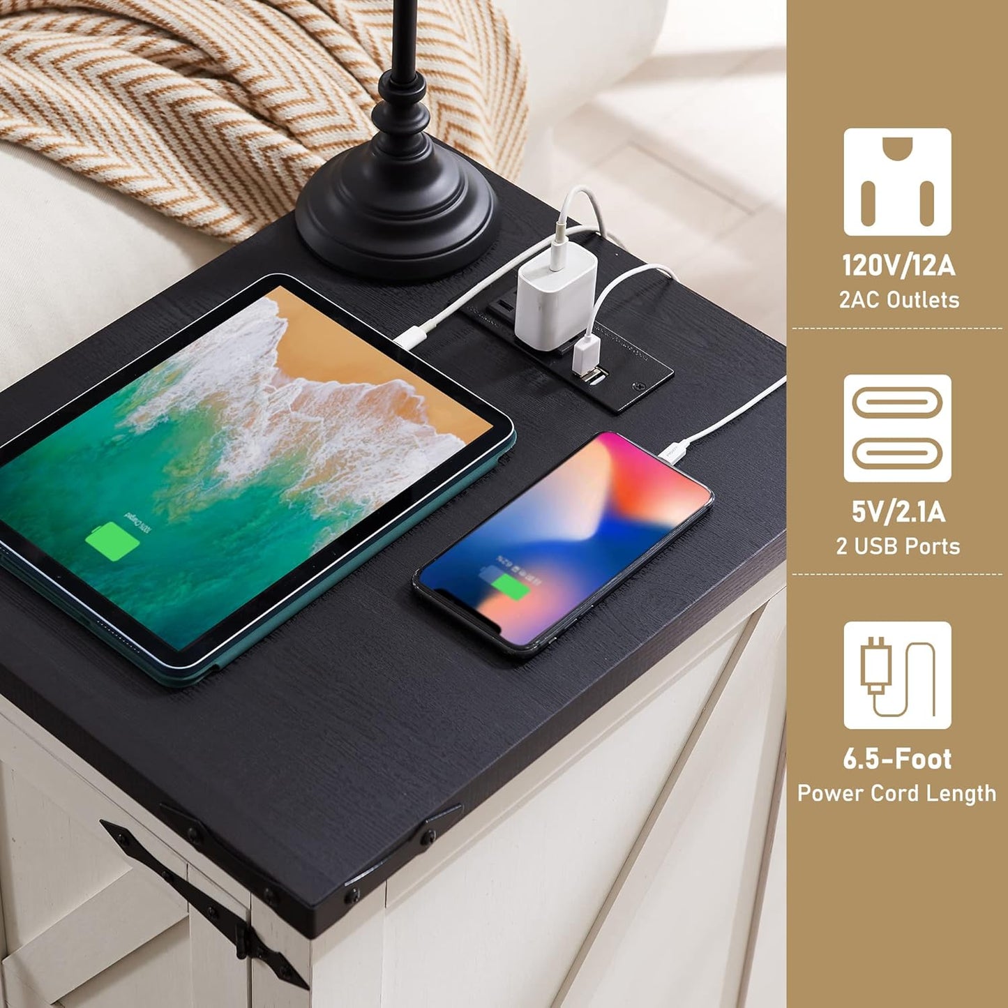 JXQTLINGMU Farmhouse Nightstand Set of 2 with Charging Station, 17" D Rectangular End Table with Barn Door & Adjustable Storage Shelf, Wood Rustic Sofa Side Table for Living Room, Bedroom, White