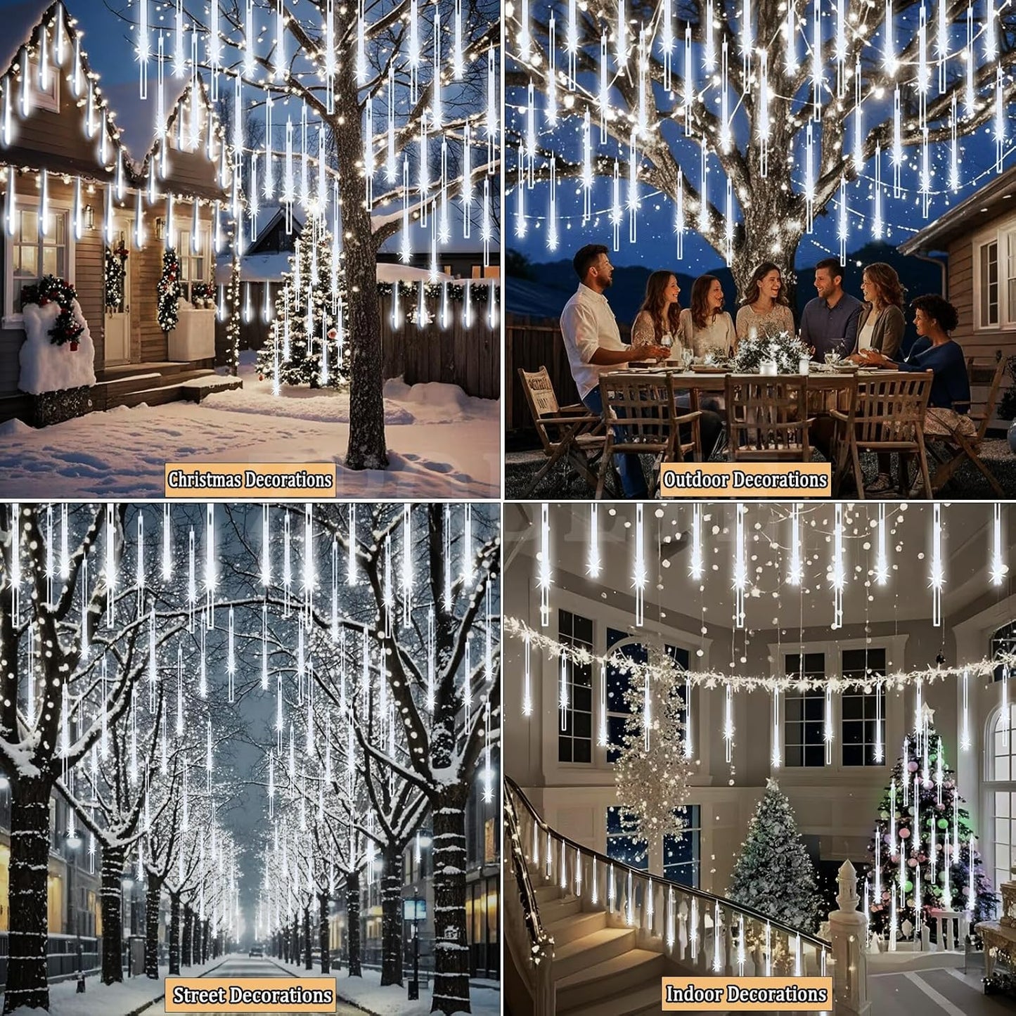 Meteor Shower Lights Christmas Lights Outdoor 24-Tube 576LEDs Snow Falling Rain Cascading Icicle Lights for Xmas Tree Christmas Decorations Wedding Party Holiday Garden Decor, UL Plug White