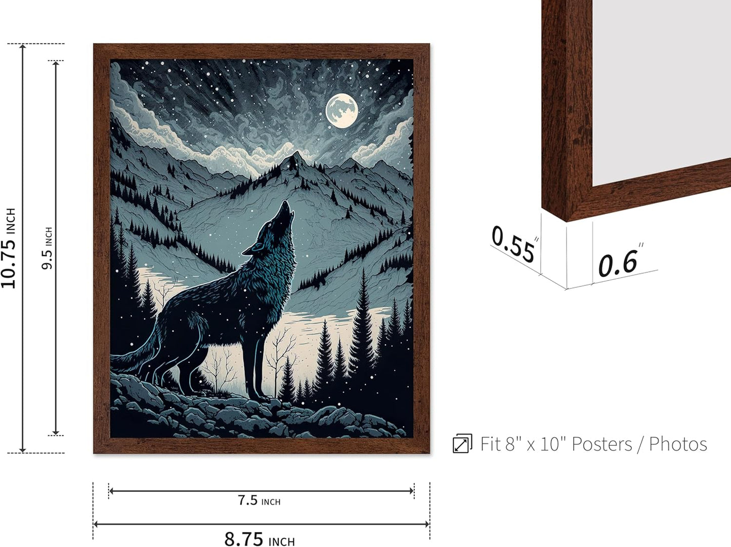 Poster Master Vintage Illustration Poster - Retro Animal Print - Gift for Artist, Friend - Wolf Howling at the Moon, Mountain, Snow, Landscape - Wall Decor for Home, Office, 8x10 Brown Framed