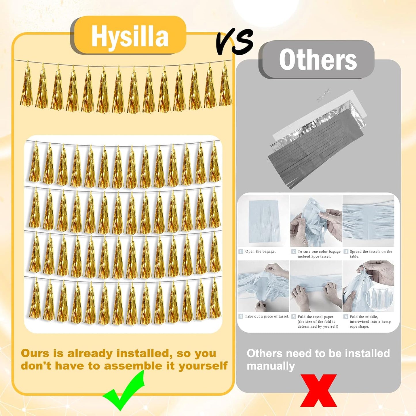 3P Gold Foil Fringe Metallic Tassel Streamers Banner Tassel Garland for Parade Floats, Bachelorette, Wedding, Birthday, Halloween, Christmas, Bridal/Baby Shower Party Decorations