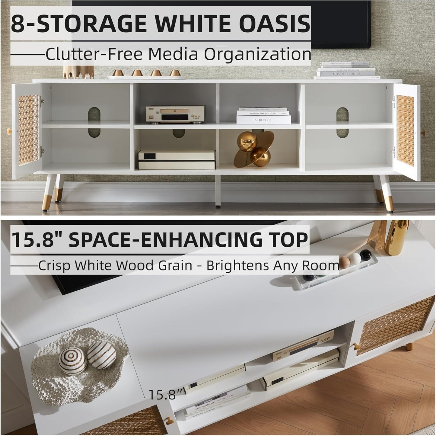 JYED Mid Century Modern TV Stand and Console for TVs Up to 75" - White Entertainment Center, 2 Gold Metal Mesh Doors & MDF Wood Grain, 15.8" D x 66" W x 23.5" H