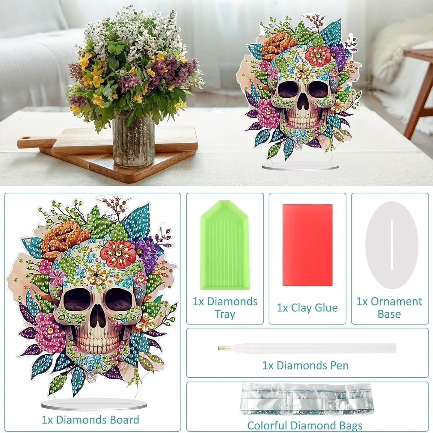 Diamond Painting Kits for Adults Beginners, 5D Full Drill Skull Crystal Art Desktop Ornament, DIY Single Sided Home Office Desk Decor, Creative Craft Gift Set with Tools