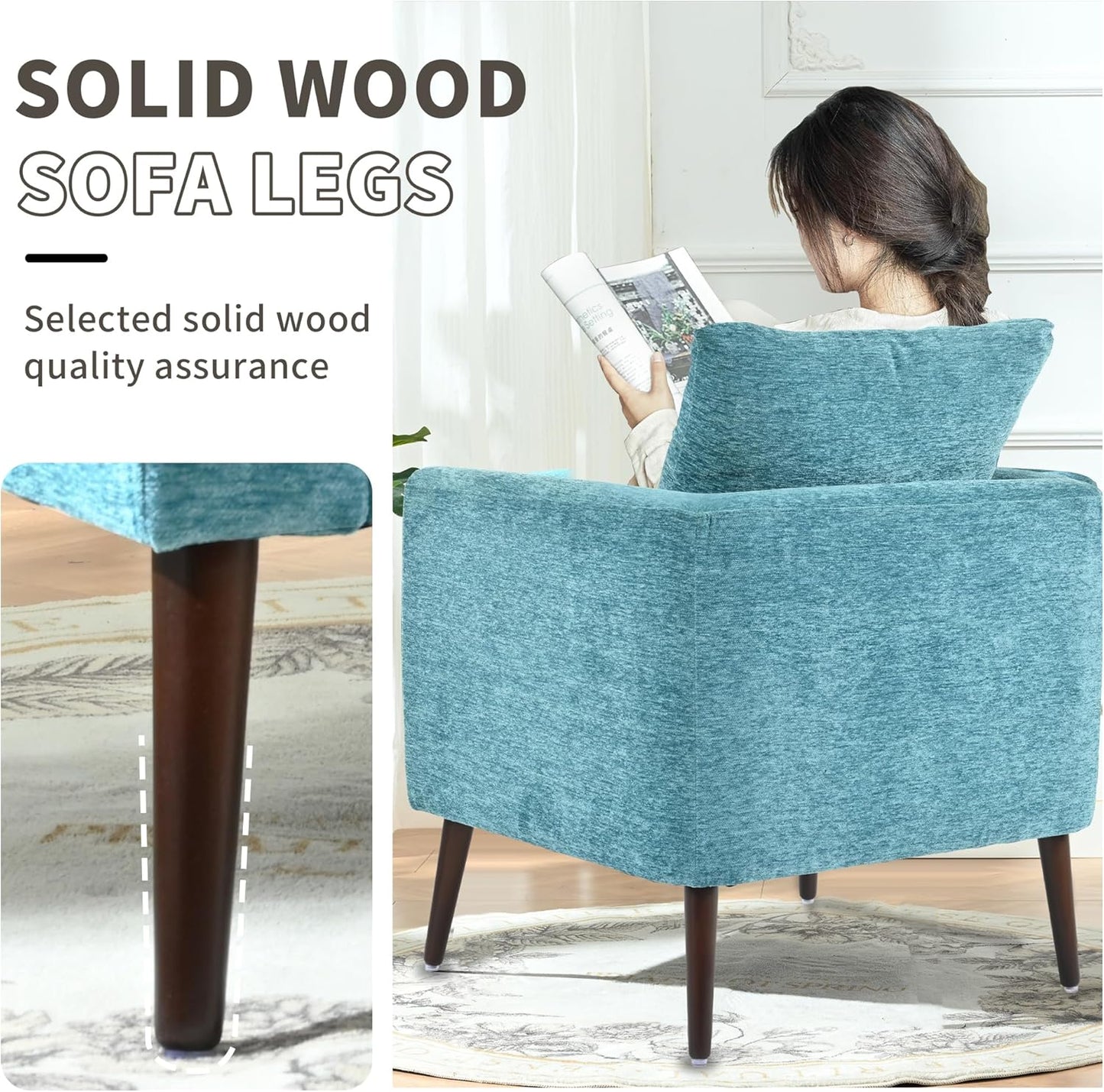 Barrel Accent Chair with Back Pillow, Large Upholstered Armchair with Solid Wood Legs Modern Reading Chairs for Living Room Bedroom