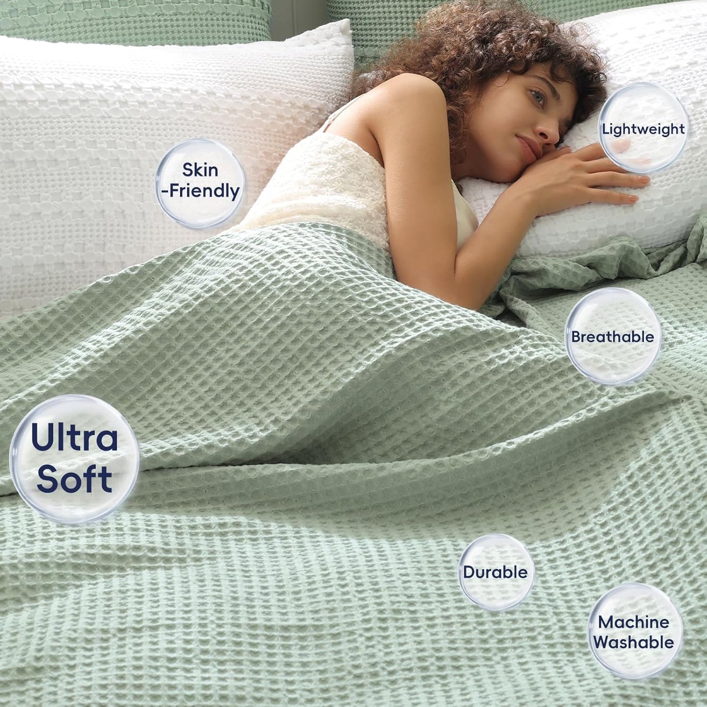 PHF Ultra Soft Waffle Weave Blanket Queen Size 90"x 90"- Washed Lightweight Breathable Cozy Woven Blanket for Bed - Aesthetic Decor for Couch Bedding Sofa Home Car - Sage Green/Mint Green