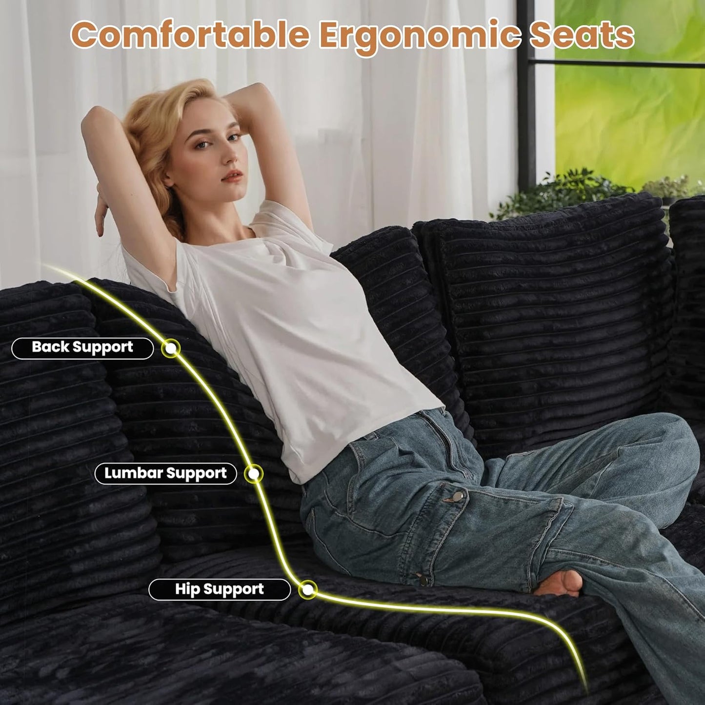 ovios Sectional Sofa Couch with L-Shape Chaise Sofa Bed, Comfy Modular Cloud Couches with Deep Seat, Modern Upholstered Plush Corduroy Sofas Set for Living Room, 5-Seater, Black