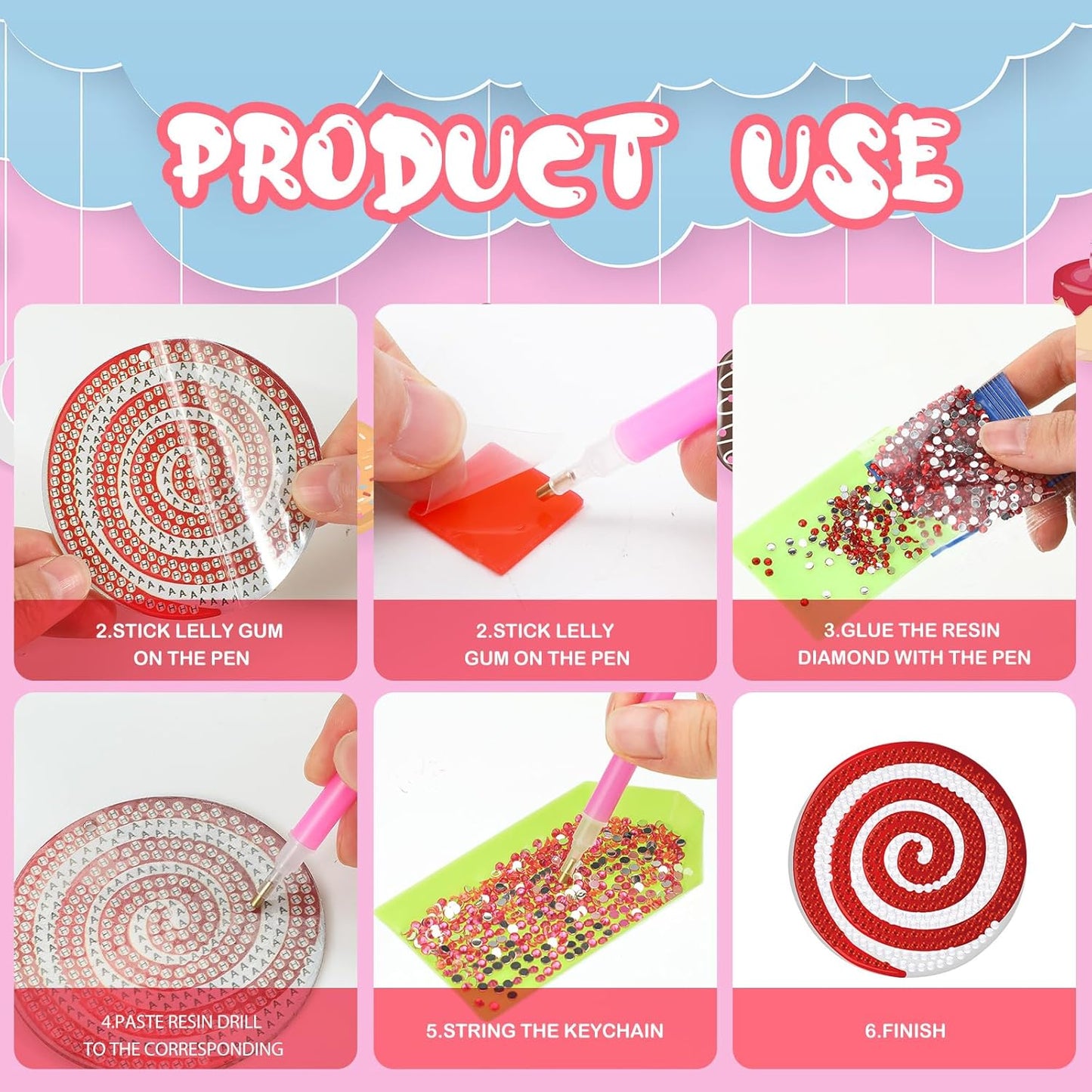 Tondiamo 20 Pcs Christmas Diamond Painting Keychain Kits 5D DIY Diamond Art Pendants Double Sided Hanging Key Chains for Christmas Party Decoration DIY(Cane Style)