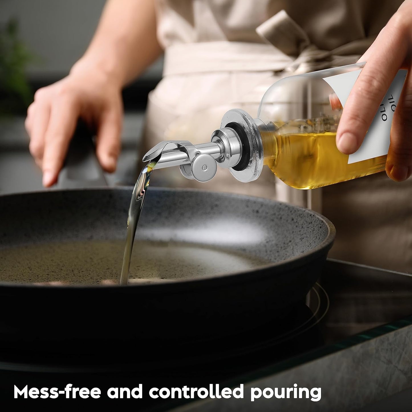 Olive Oil Dispenser Bottle - Includes 55 Kitchen Essential Labels - Cooking Oil Bottles for Kitchen, Coffee Syrup Dispenser - Pourer Spout with 11.8 fl oz Glass Container Cruet - 2pcs Silver