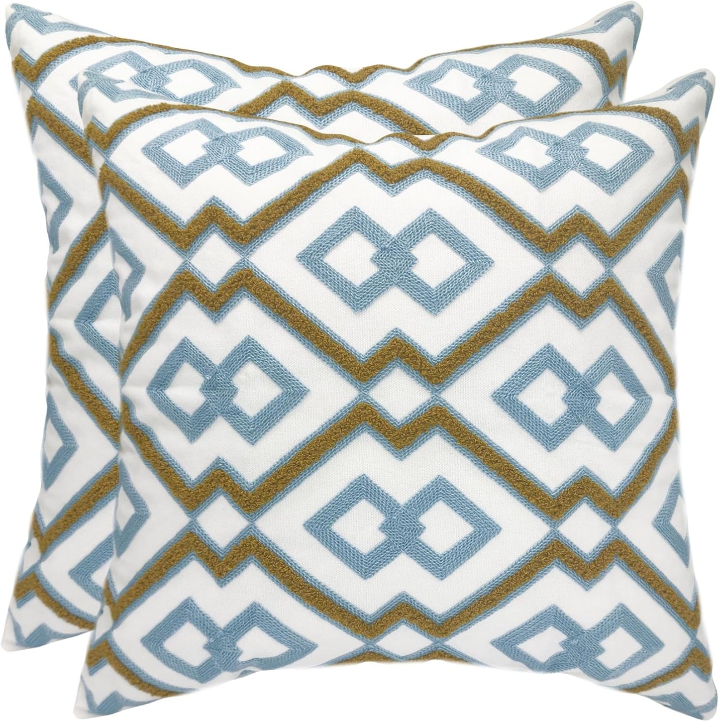 Alysheer Embroidered Decorative Throw Pillow Cover 18"x 18" Set of 2, Classic Boho Geometric Embroidery Pattern Cotton Rectangular Cushion Case for Sofa Couch Living Room Bedroom (Blue Khaki)