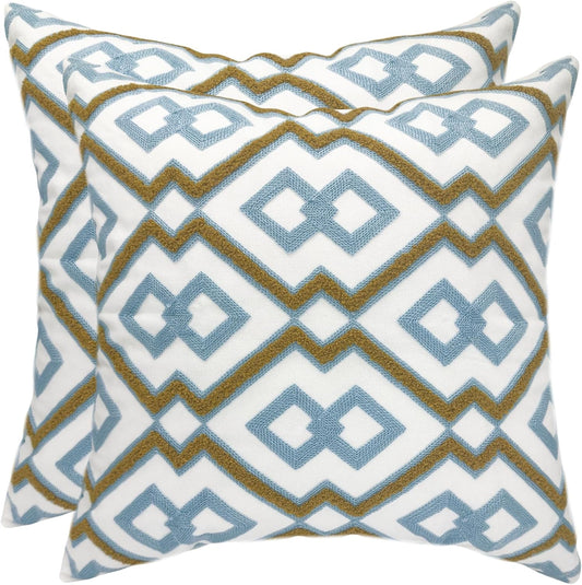 Alysheer Embroidered Decorative Throw Pillow Cover 18"x 18" Set of 2, Classic Boho Geometric Embroidery Pattern Cotton Rectangular Cushion Case for Sofa Couch Living Room Bedroom (Blue Khaki)