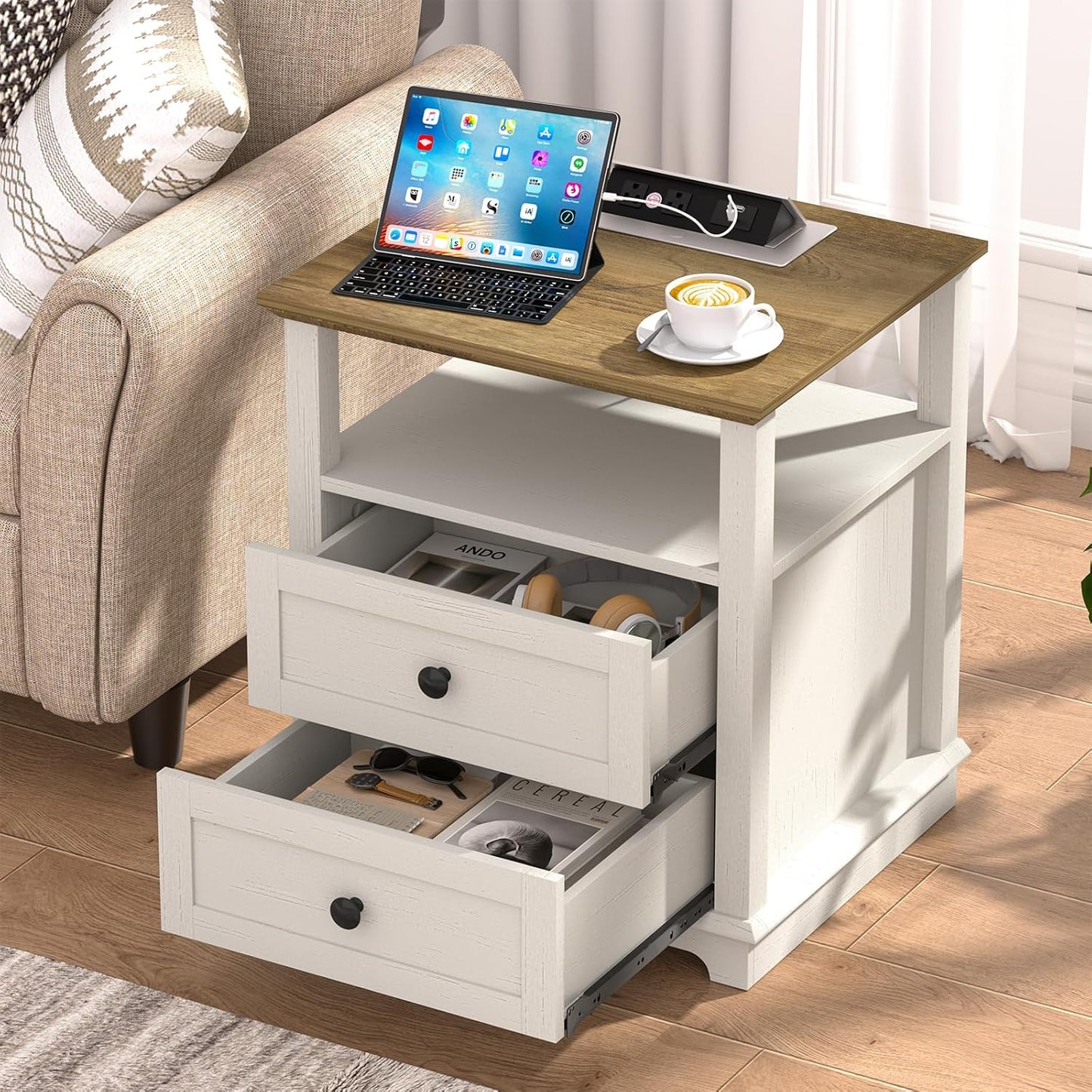 HIFYOBRO End Table with Flip Top Charging Station and 2 Drawers, Type-C & USB Port & Power outlets, Wooden Storage Cabinet, Large Side Table with Storage for Living Room and Bedroom (White)