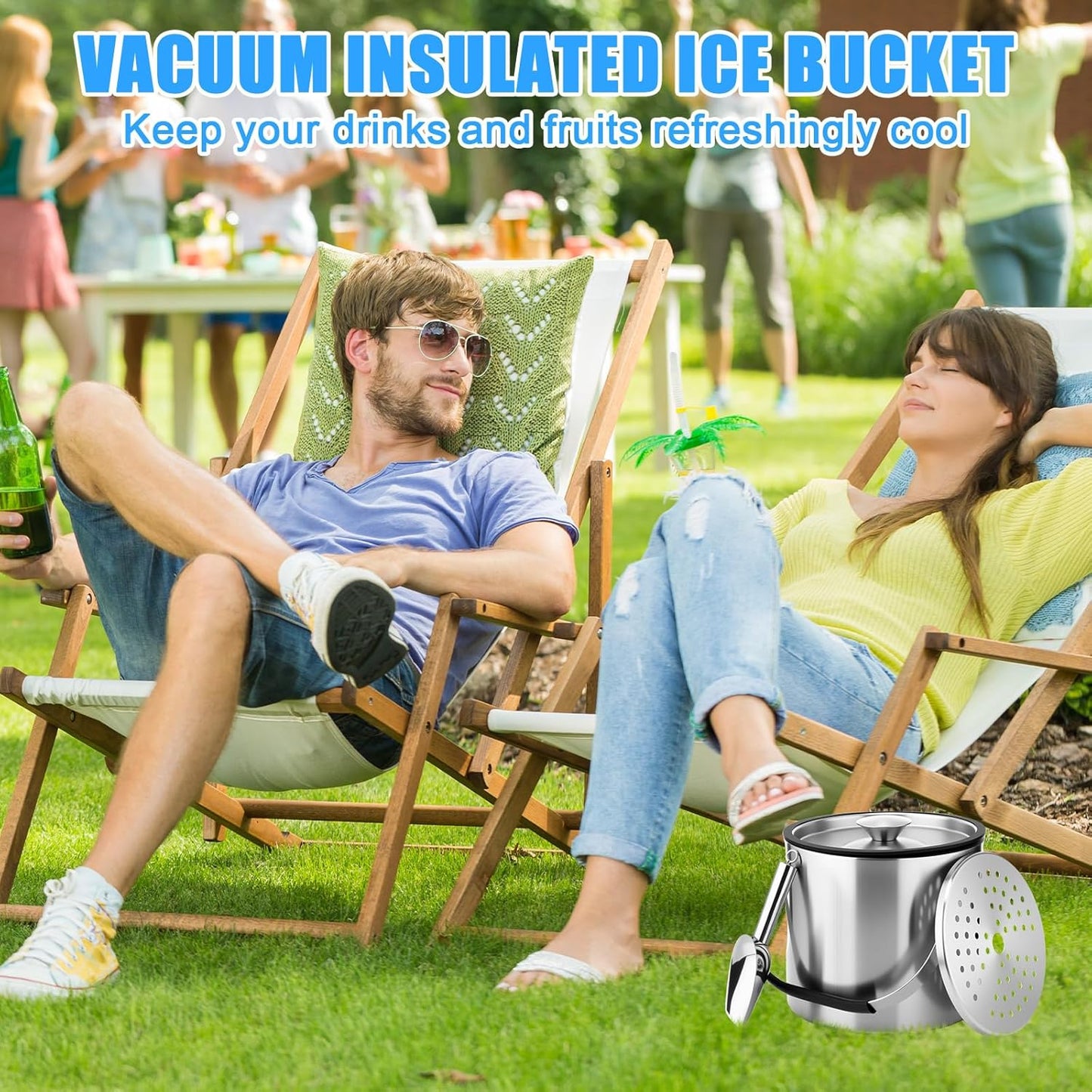 meekoo 4 L Double Wall Insulated Stainless Steel Ice Bucket with Lid, Scoop, Strainer, Handle Large Wine Ice Bucket Upgraded Cover Keep Frozen Longer for Cocktail Bar Parties(Silver)