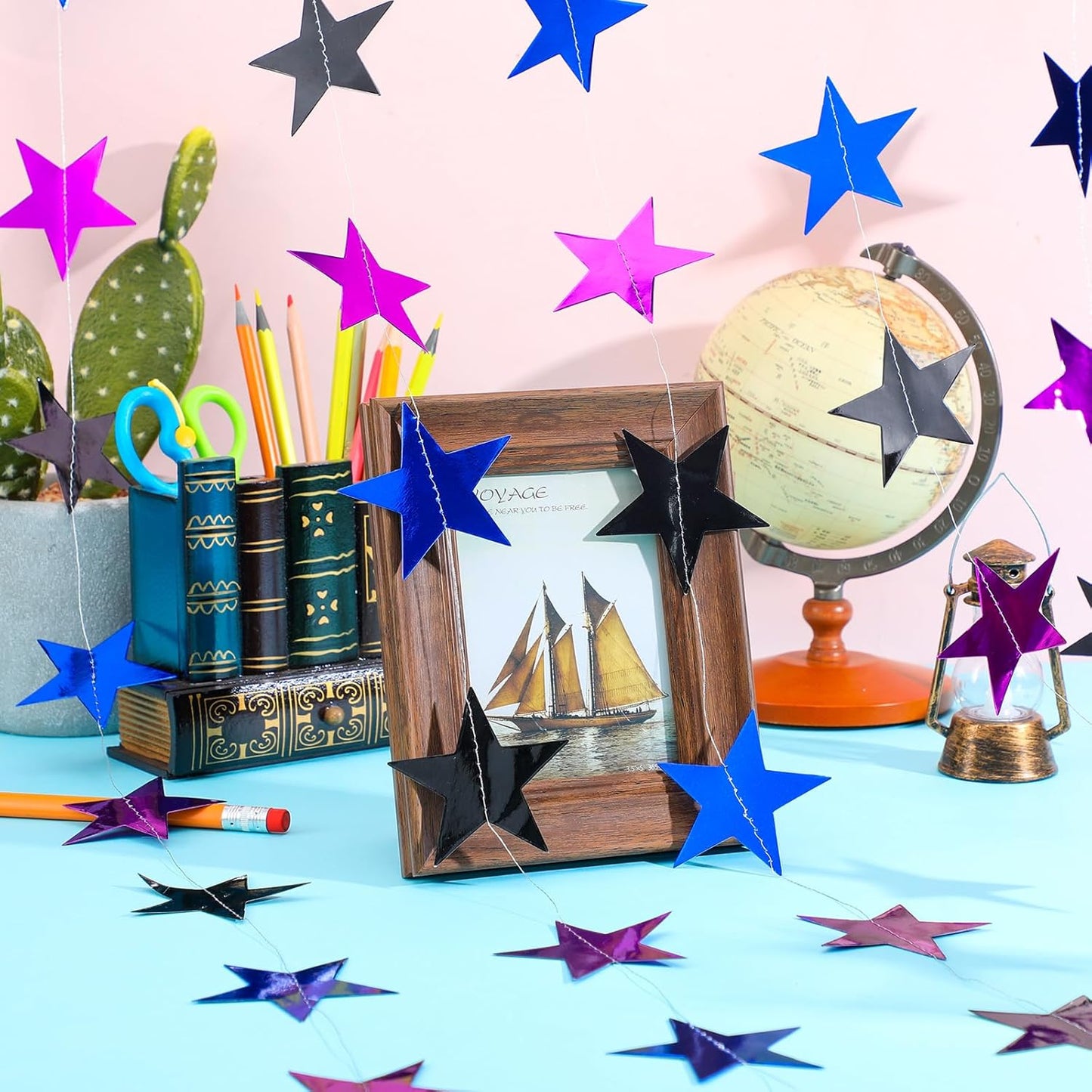 Patelai Glitter Star Garland Banner Decor 130 Feet Star Hanging Bunting Banner Twinkle Backdrop for Homecoming Classroom Wedding Birthday Halloween Christmas Party Supplies(Blue,Black,Purple)