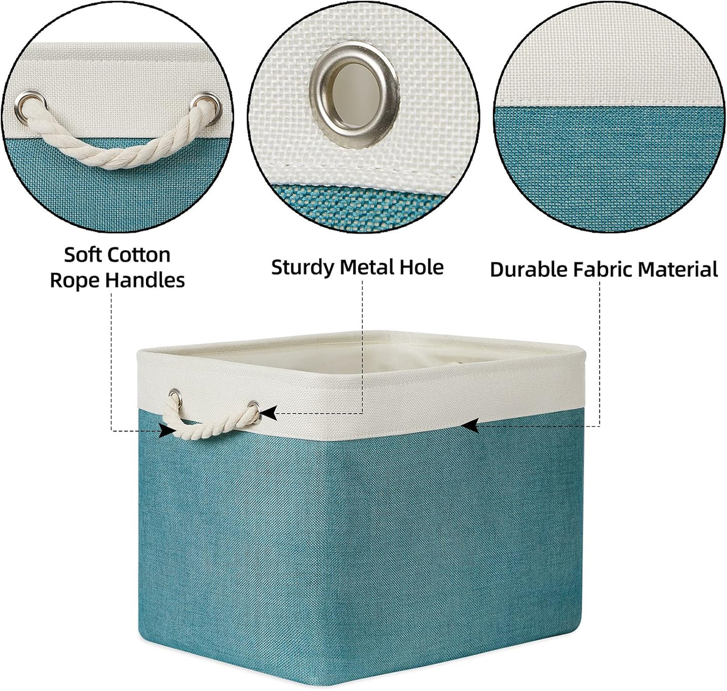 Bidtakay Foldable Storage Bins Set of 2 Tall Cloth Baskets 16" X 11.8" X 11.8" Decorative Organizers for Linen Closet (White & Teal)