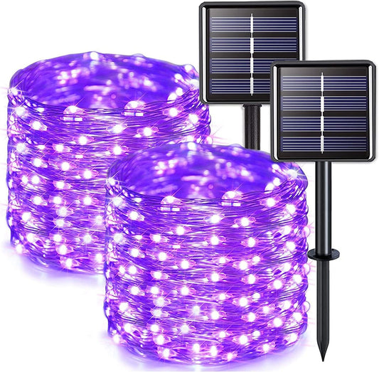 JMEXSUSS 2 Pack Solar Halloween Lights Outdoor, 33ft 100 LED Purple Halloween Lights, Waterproof 8 Modes Purple Solar Light for Outside Tree Garden Patio Christmas Decorations