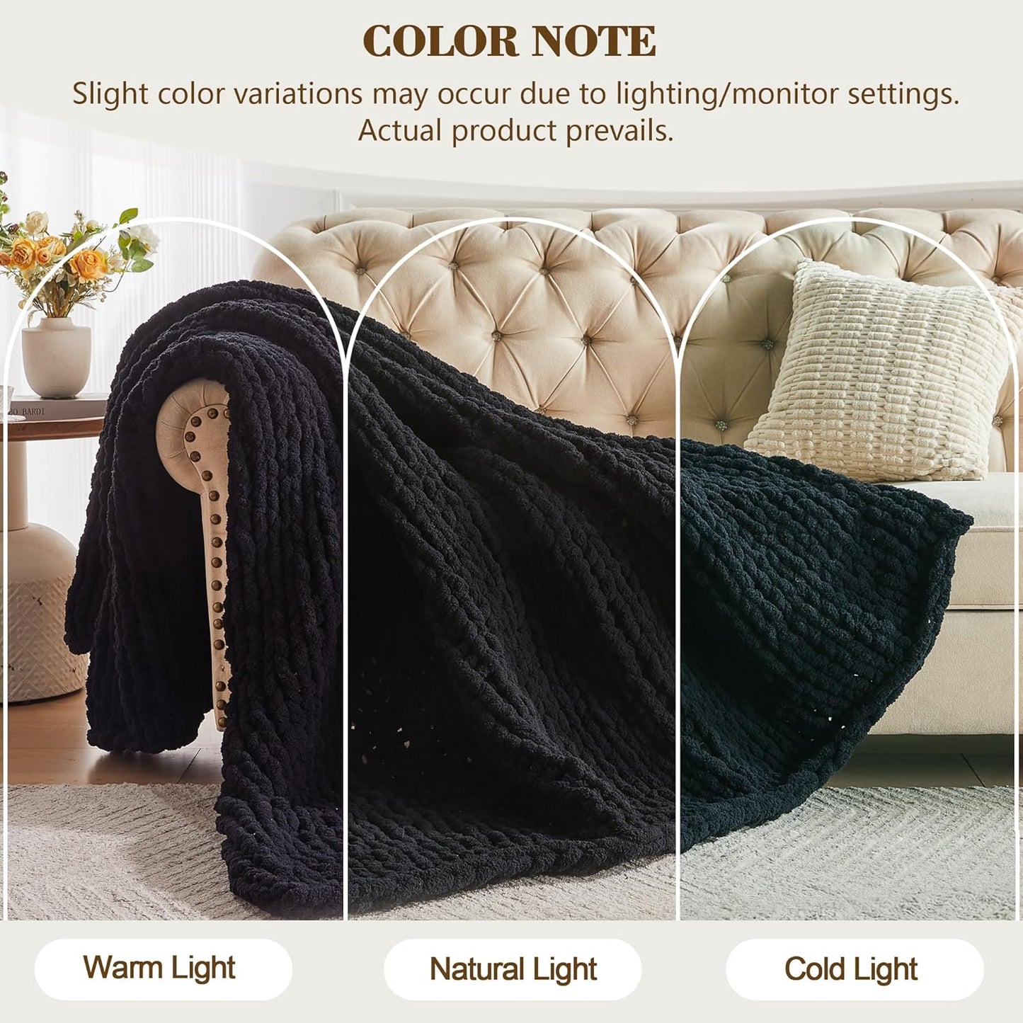 Carriediosa Chunky Knit Throw Blanket 50" X 60", 100% Hand Made Large Chenille Loop Yarn Soft Fluffy Throws for Couch Sofa Bed, Big Crochet Cozy Heavy Thick Cable Woven Blankets, Black