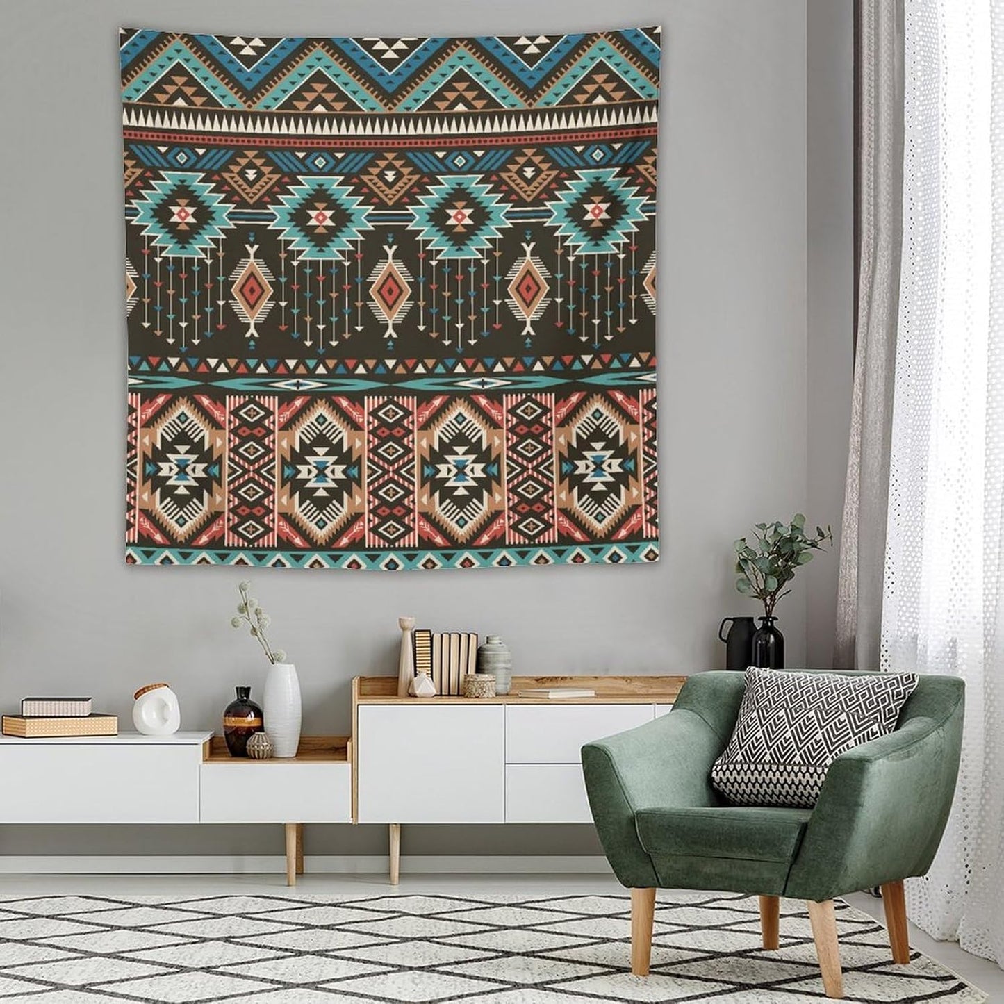 HZOHNAGO Aztec Tapestry Turquoise Blue and Brown and Native American Tribal Pattern Printed Wall Tapestry Wall Hanging for Bedroom Living Room Dorm 60" W x 60" H