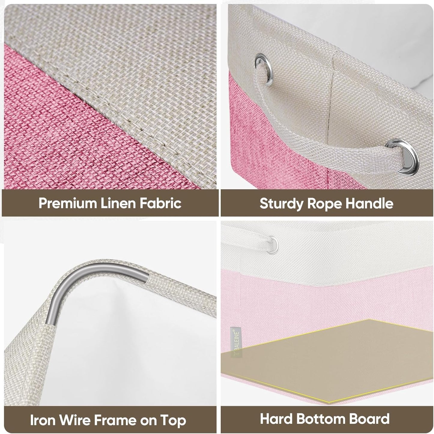 BALEINE 4 Pack Fabric Storage Bins for Shelves, Linen Storage Baskets for Organizing, Decorative Closet Bins for Clothes, Home (Pink, 12"x8"x8")