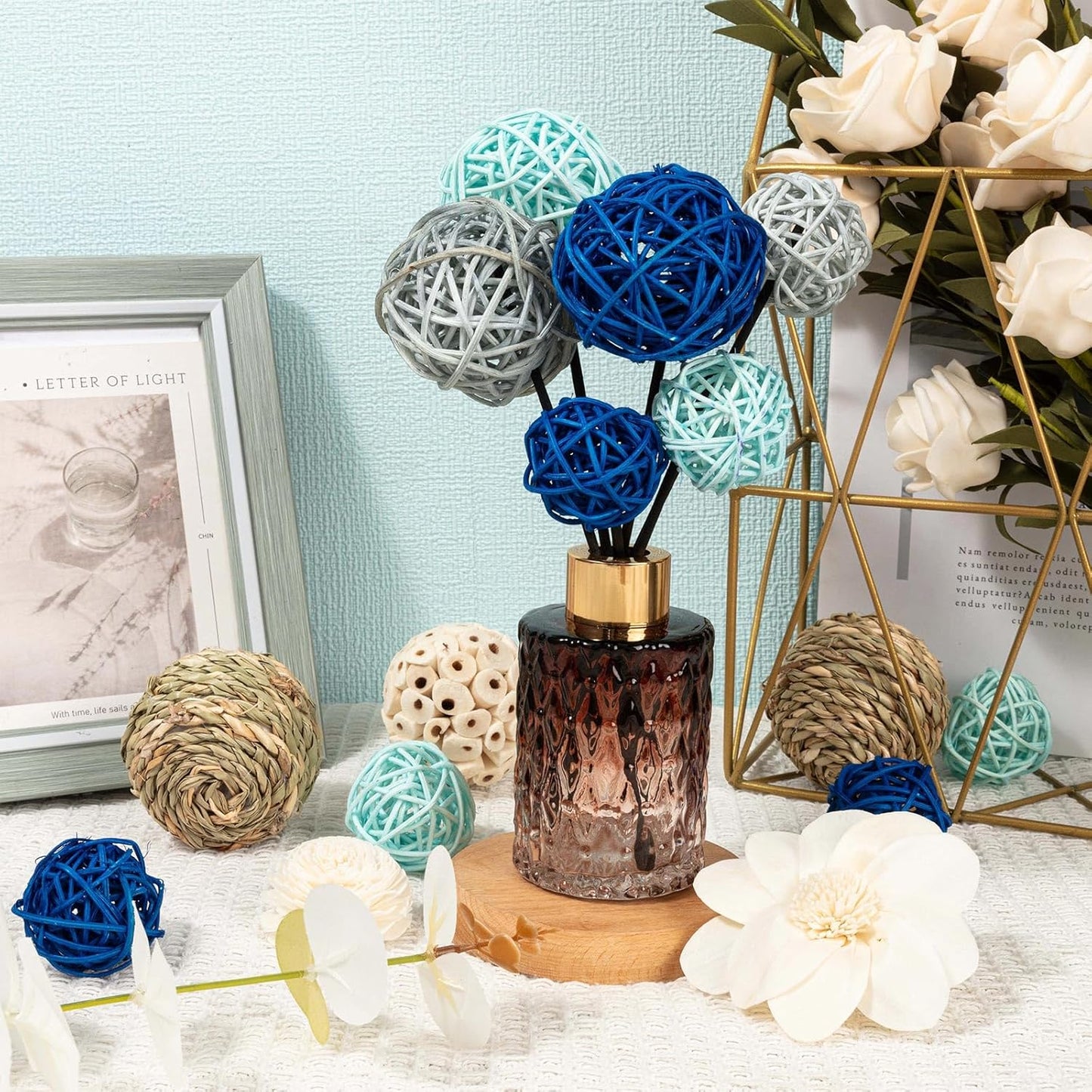 15Pcs Blue and White Decorative Balls for Potpourri Bowl Filler, Bowl Filler for Table Centerpiece Home Decor, Woven Rattan Wicker Balls, Rattan Wicker Orbs Fillers for Vase Jar Dough Bowl