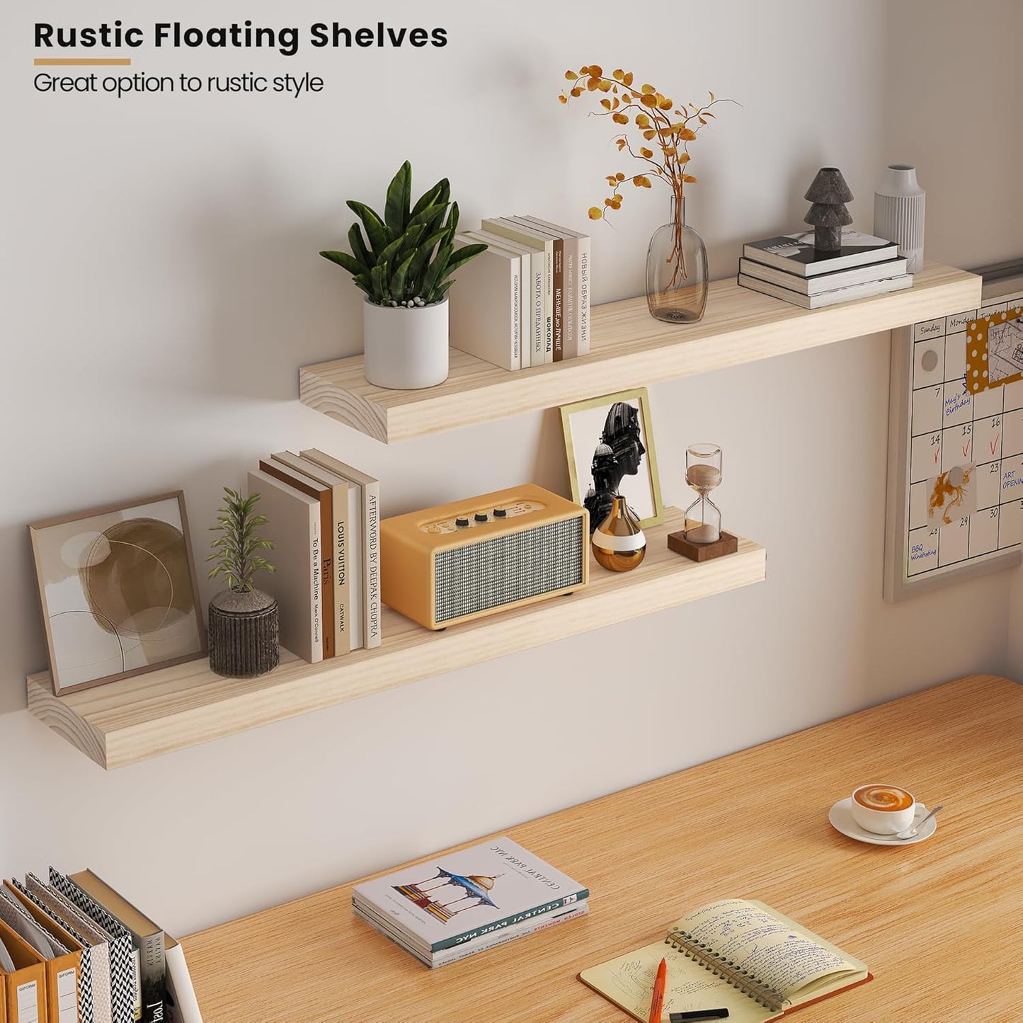 Light Wood Floating Shelves 36”x 8”x 1.4” Book Shelf Floating for Wall Mounted, Heavy Duty Shelf Hold 80 lbs, Unfinished Rustic Wall Shelves for Bedroom, Living Room, Kitchen, Office, Laundry Room