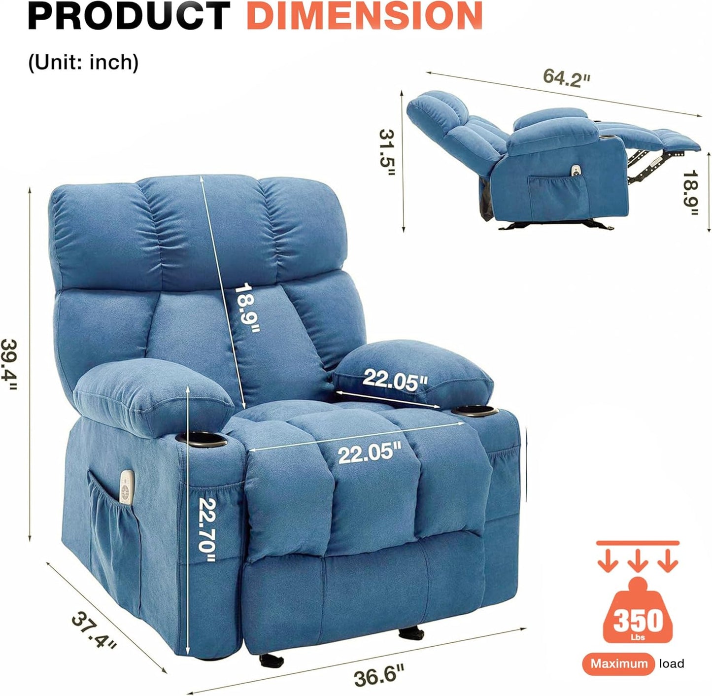 Massage Rocker Recliner Chair with Heat, Ergonomic Overstuffed Reclining Lounge Chair with Side Pockets, USB Charging Port, Sturdy Metal Frame, Comfortable Modern Design for Living Room