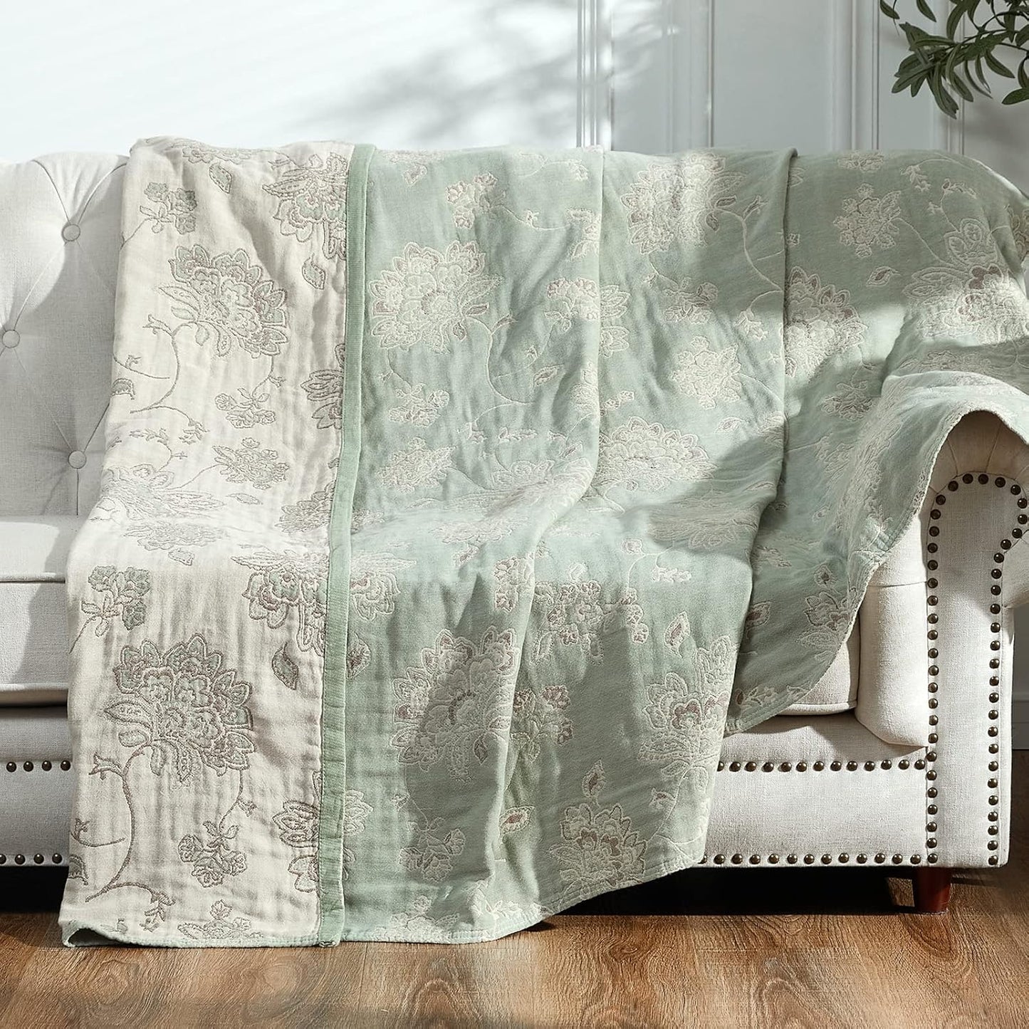 jinchan Boho 100% Cotton Muslin Twin Size 50x60 Inches Blanket Lightweight 4-Layer Quilted Soft Green and Beige Floral Throw Blanket Reversible Comfy Flower Breathable All Seasons Couch Bedroom Decor