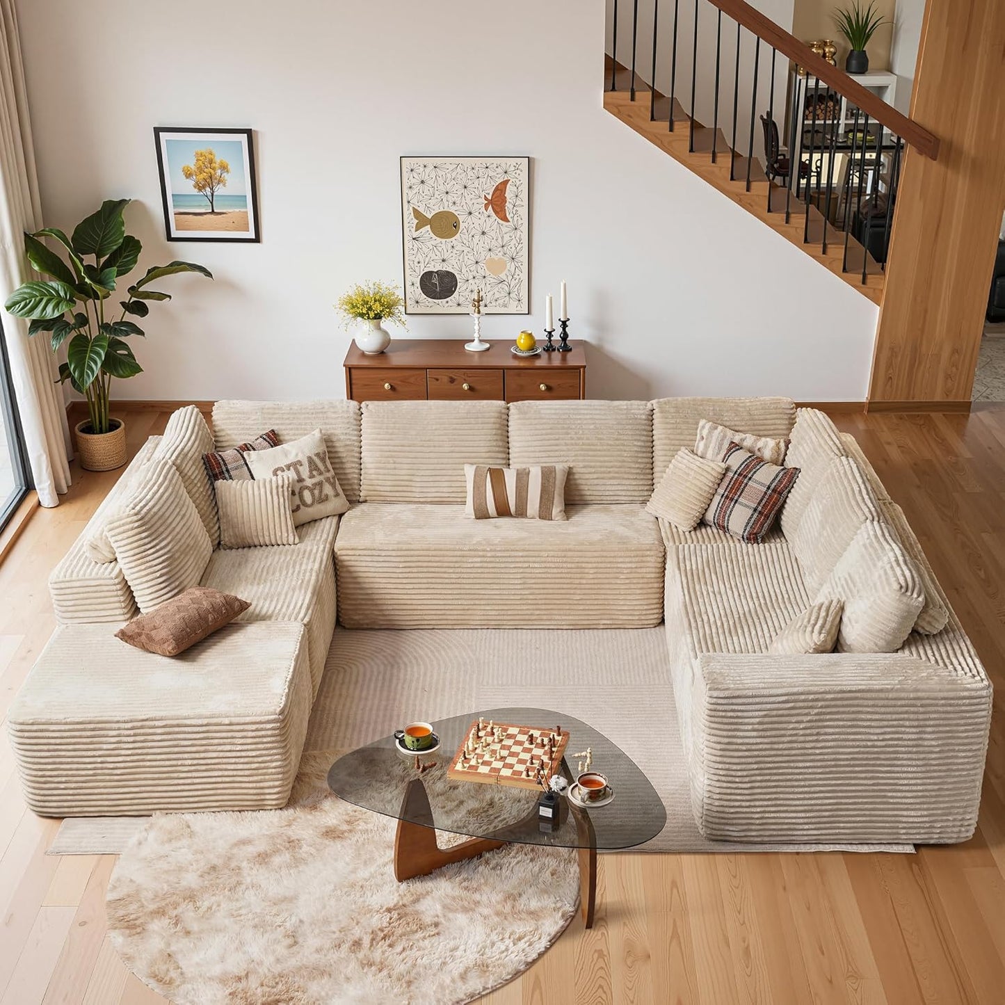 Cloud Sectional Couches for Living Room,U Shaped Modular Sofas No Assembly,135x100 Inches Plush Corduroy Oversized Floor Couch Set with Deep Seat Chaise,Beige