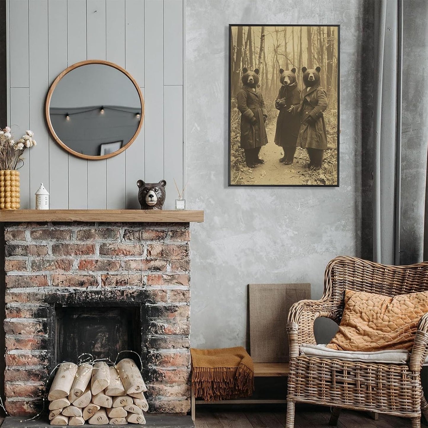 Vintage Horror Halloween Wall Decor Spooky The Three Bears In Occult Forest Spooky Canvas Wall Art Poster Gothic Dark Academia Decorations Room Creepy Print 24X36inch Aluminum Framed