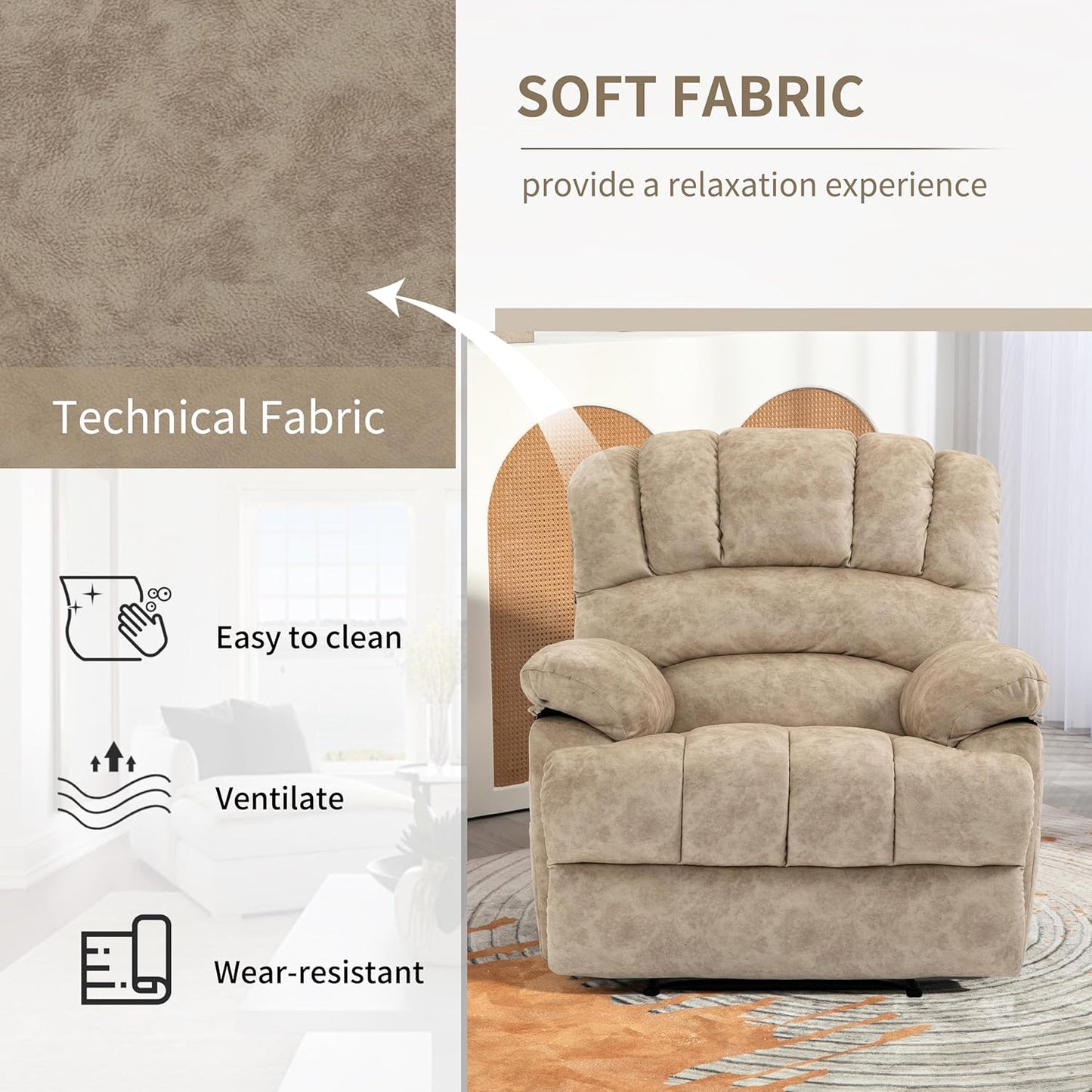 Luxlen Large Manual Recliner Chair,Soft Fabric Push Back Recliner with Overstuffed Armrest and Backrest, Living Room Single Sofa Recliners,Beige