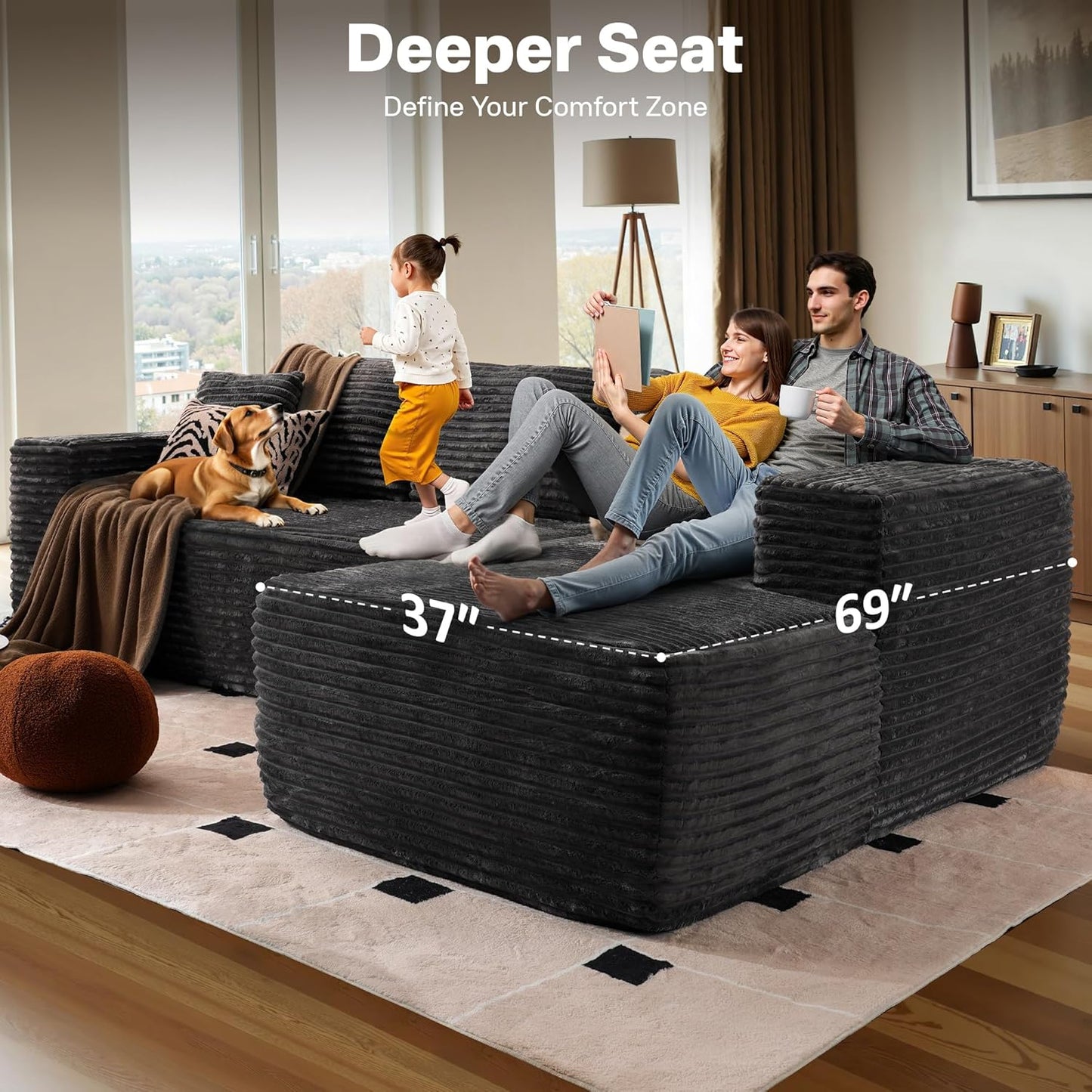 106" Cloud Sectional Couches for Living Room,Plush Corduroy Boneless Couch with Comfy Chaise,L Shaped Sofa in A Box No Assembly Require,Grey