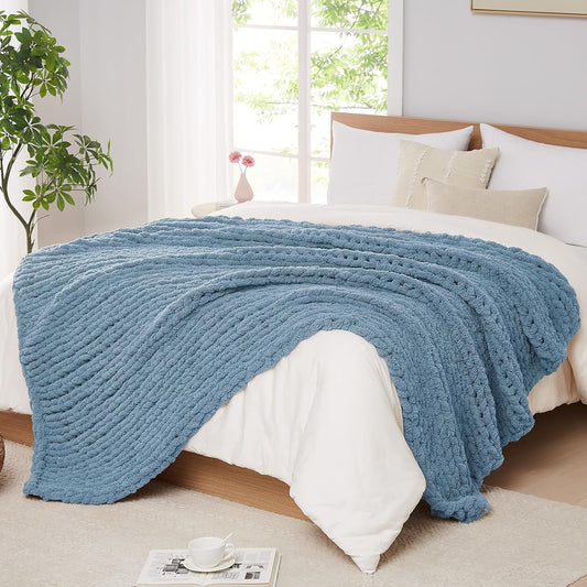 L'AGRATY Chunky Knit Blanket Throw: 72''x84'' Chenille Chunky Knitted Throw Blankets for Bed Couch - Handmade Thick Big Cable Knit Blanket - Large Crochet Rope Blankets for Home Decor(Airy Blue)