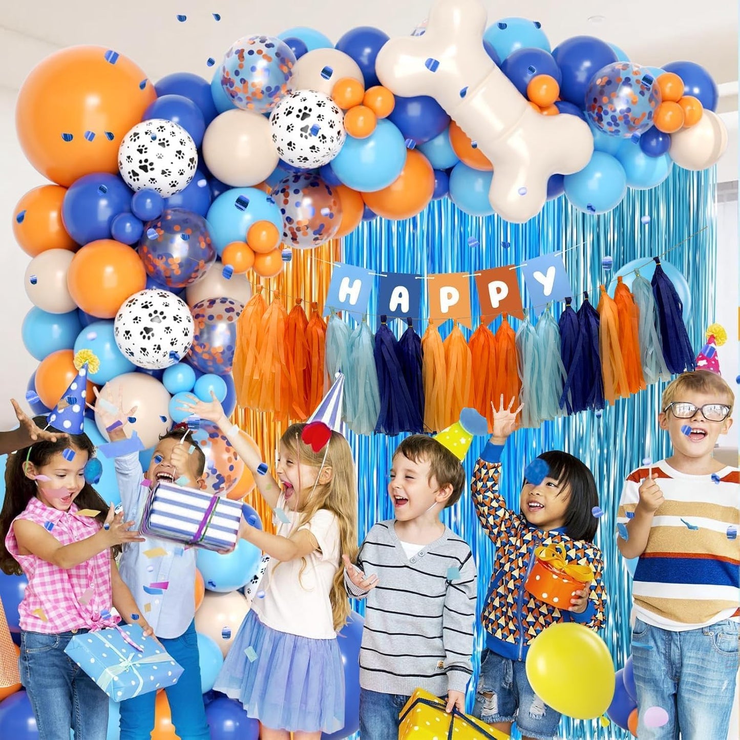 Blue and Orange Tissue Paper Tassel Garland,Tissue Tassel Banner for Party Decorations,Pack of 20