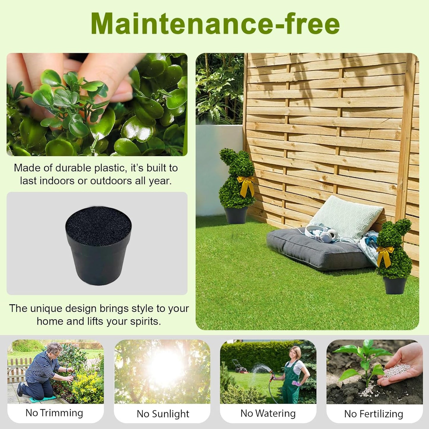 2 Pcs Artificial Bunny Shaped Topiary Trees, Artificial Green Boxwood Bunny Decorations with Gold Bow, Perfect for Indoor & Outdoor Front Porch, Easter& Garden Decor (Bunny Tree with Base)