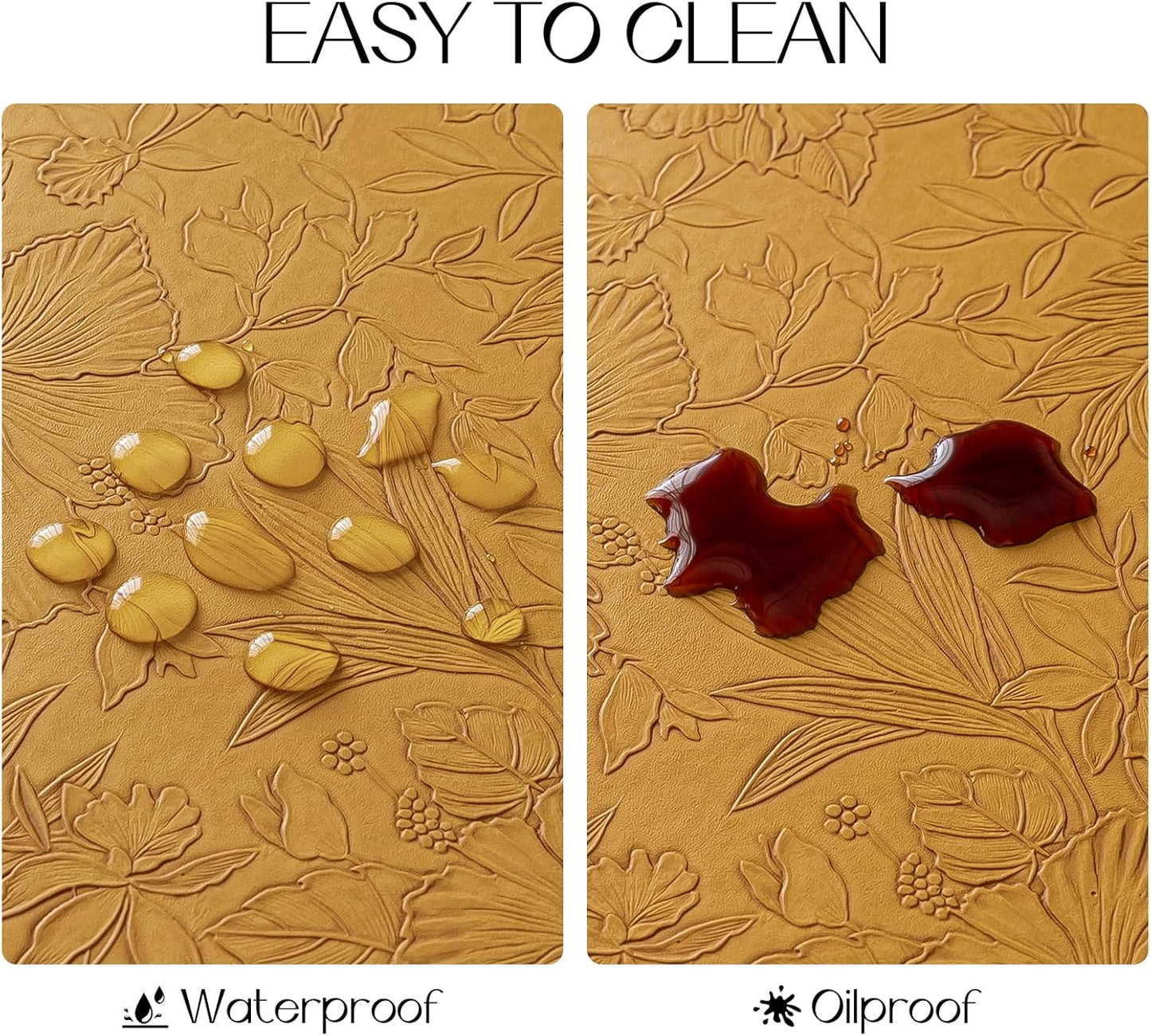 Romanstile Vinyl Placemats Set of 6-12 X 18 Inch - Heat Resistant Non-Slip Embossed Floral Place Mats 100% Waterproof Oilproof Wipeable Faux Leather Table Mats for Kitchen/Dining/Party, Gold