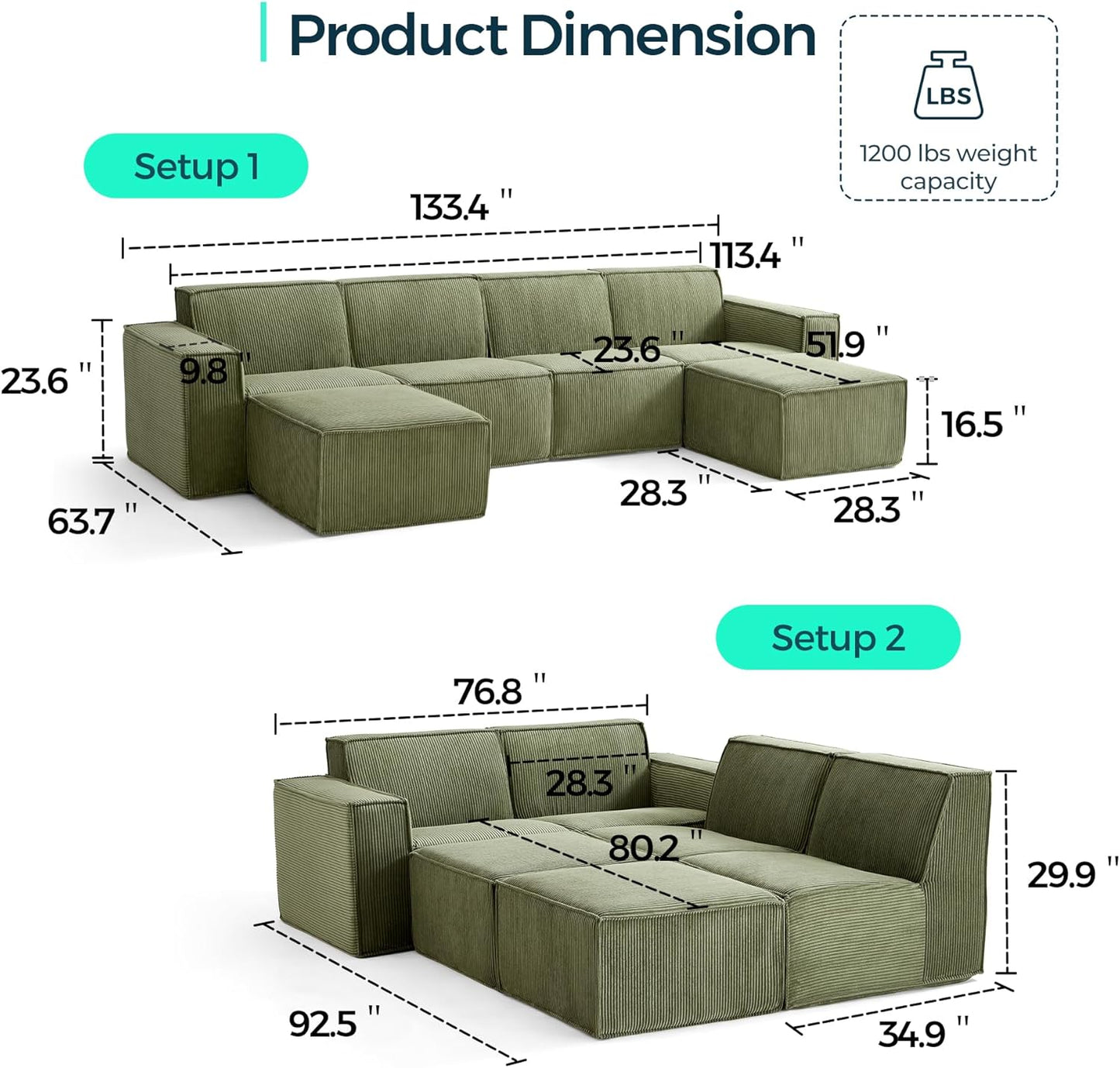 LINSY HOME Modular Sectional Sofa, 134" Boneless Couch U Shaped 4-Seat Sofa with 2 Movable Ottomans, Corduroy Sectional Cloud Couches for Living Room, No Assembly Required, Green