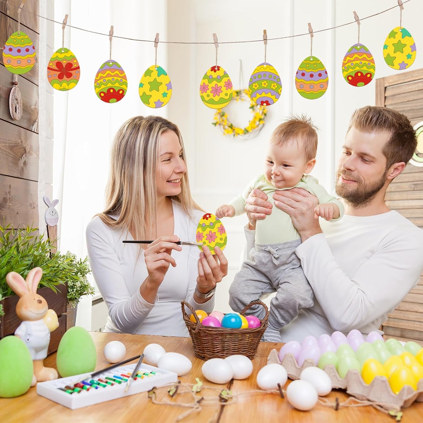 36PCS Wooden Easter Ornaments to Paint, 6 Styles DIY Blank Unfinished Wood Egg Cutouts Ornament for Crafts Hanging Decorations, Egg Rabbit Bunny Butterfly Flower Happy Easter