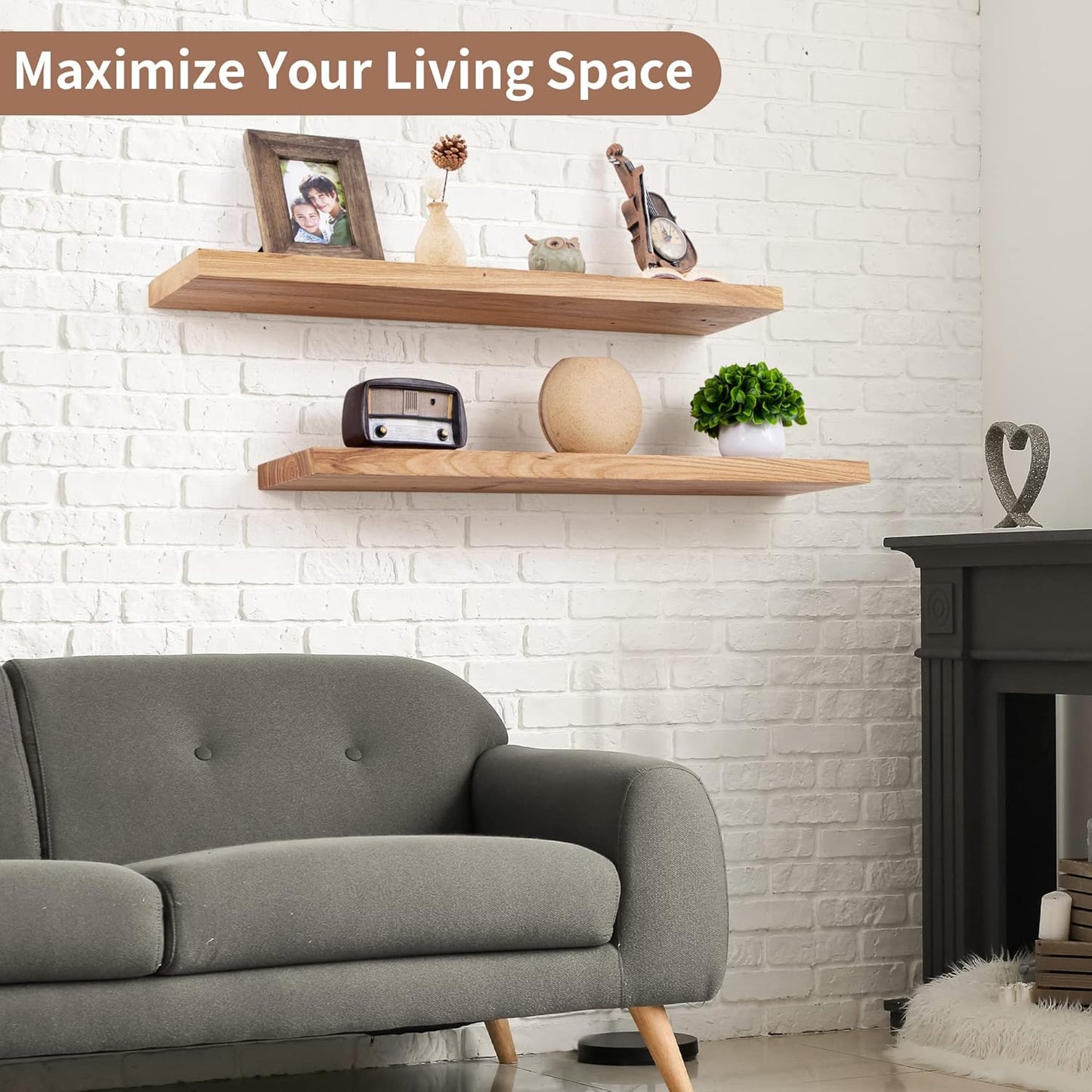 Axeman Floating Shelves for Wall, 8 Inch Deep Rustic Solid Elm Wood Wall Shelves for Storage, Wall Mounted Display Shelving with Invisible Heavy-Duty Metal Bracket, 36'' Width Set of 2, Natural