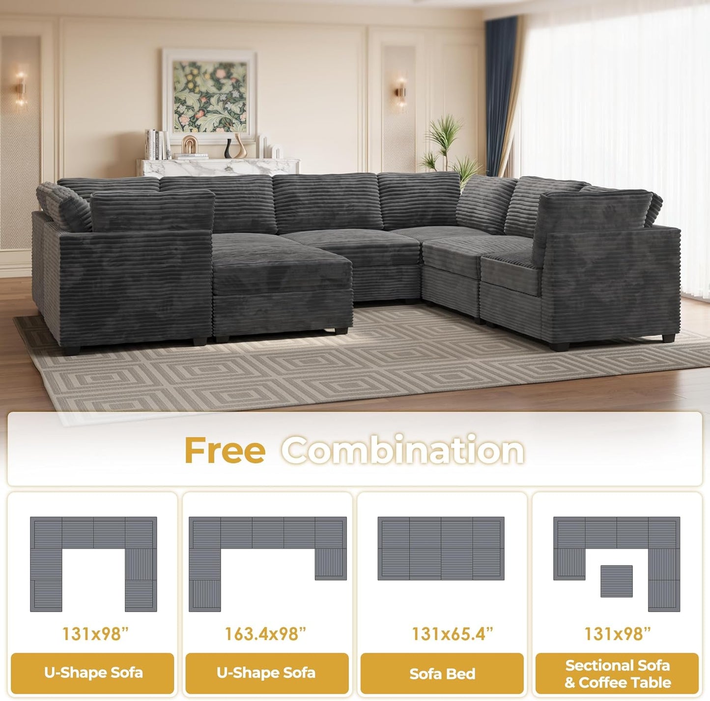 HOOOWOOO Modular Sectional Sofa,8 Pieces Sectional Couches for Living Room,131X98 G Shaped Cloud Couch with Ottoman Chaise Set(Gray Velvet Corduroy)
