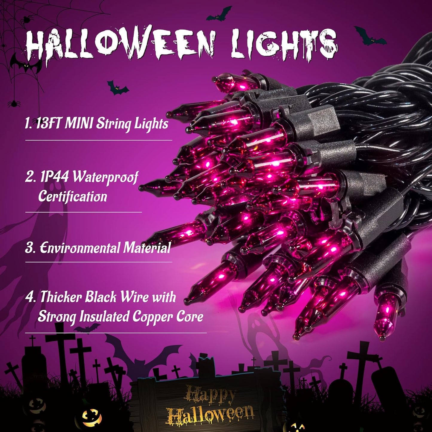 YOUNGAR Purple Halloween Lights, Clear Halloween Light Outdoor,13FT 50 UL Approved String Light with Black Wire,Incandescent Mini Waterproof Plug in for Indoor Tree Patio Garden Christmas Xmas Decor