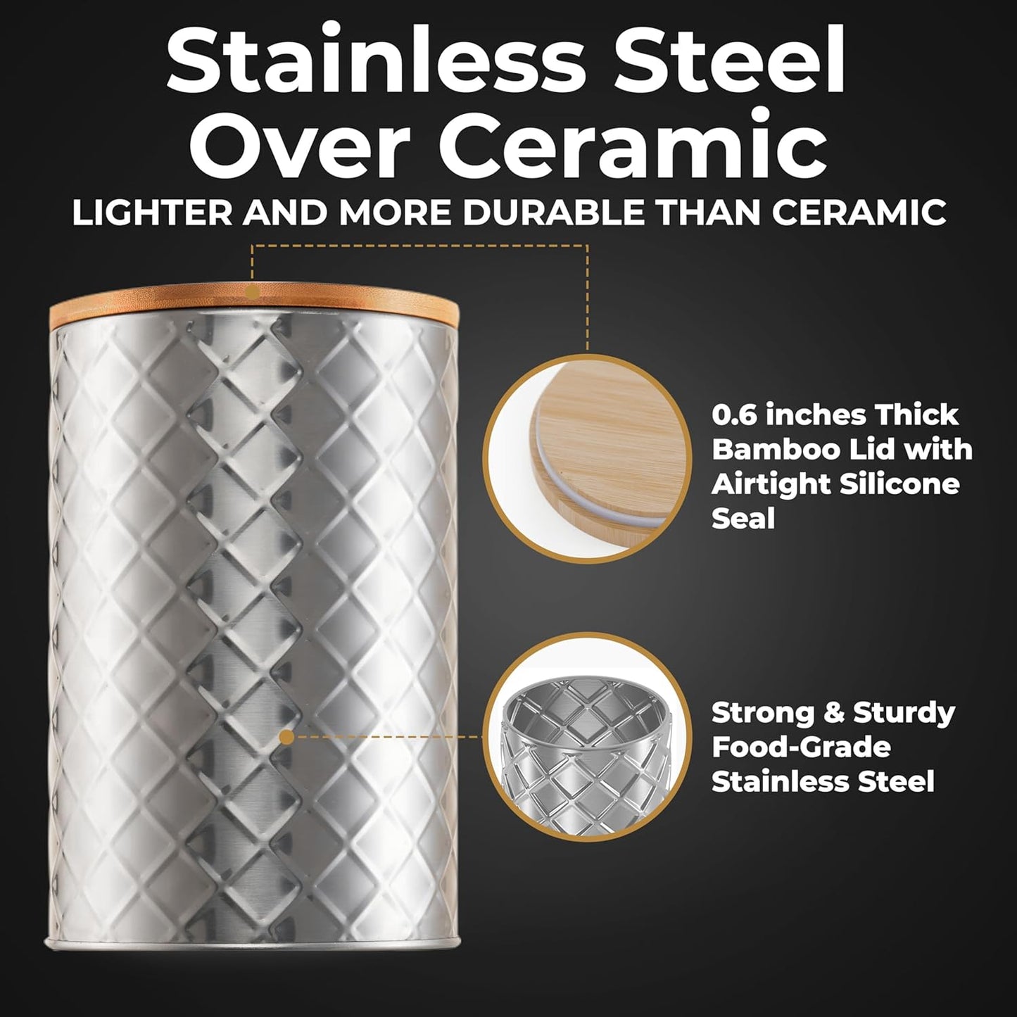 Pebble & Stem® Silver Stainless Steel Canister Set for Kitchen Counter, Food-Grade Canister Set of 4, Airtight Lids, Sugar and Flour Containers for Countertop, Coffee and Tea Storage, Farmhouse Decor