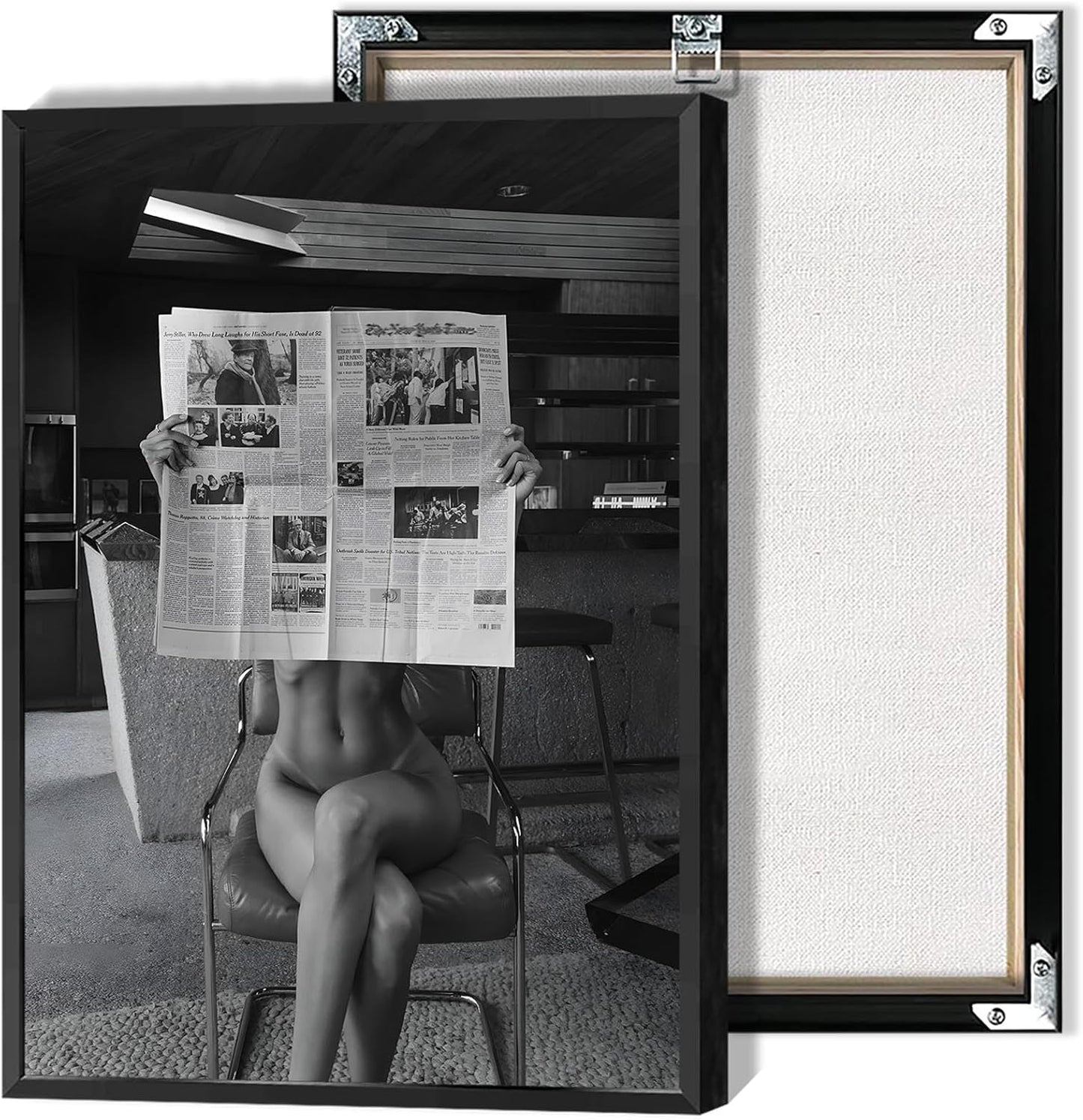 Sexy Glamorous Reader Poster Feminist Art Black and White Preppy Canvas wall art Retro Room Aesthetic Newspaper prints painting Trendy Naked Women Art wall decor 12x16in Framed